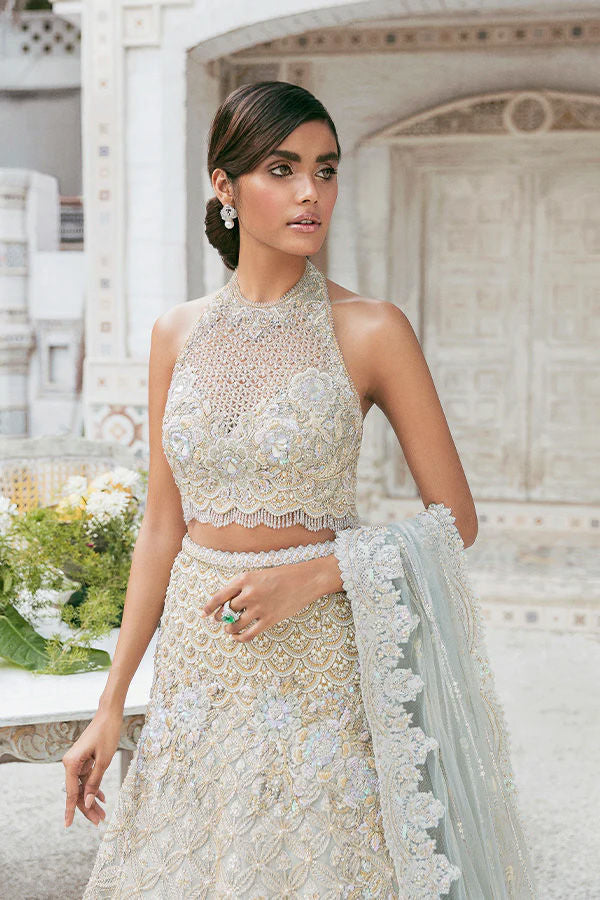 Pakistani Pale Ice-Blue Embellished Organza Bridal Lehenga (3-Piece) - Image 2