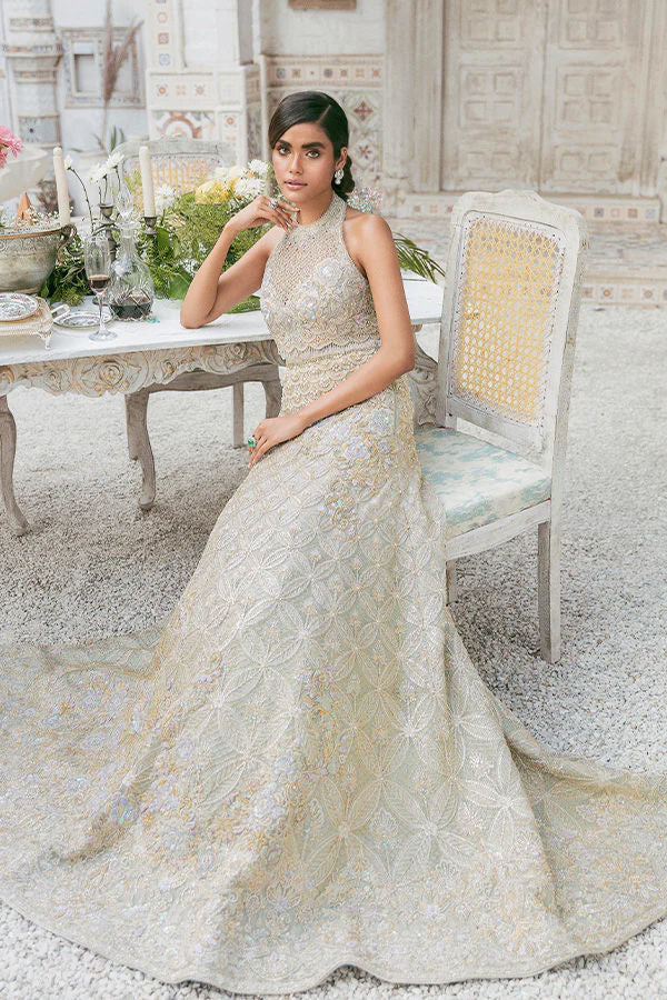 Pakistani Pale Ice-Blue Embellished Organza Bridal Lehenga (3-Piece) - Image 3