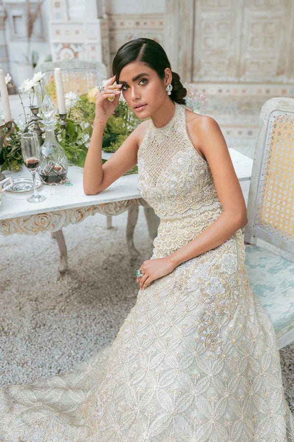 Pakistani Pale Ice-Blue Embellished Organza Bridal Lehenga (3-Piece) - Image 5