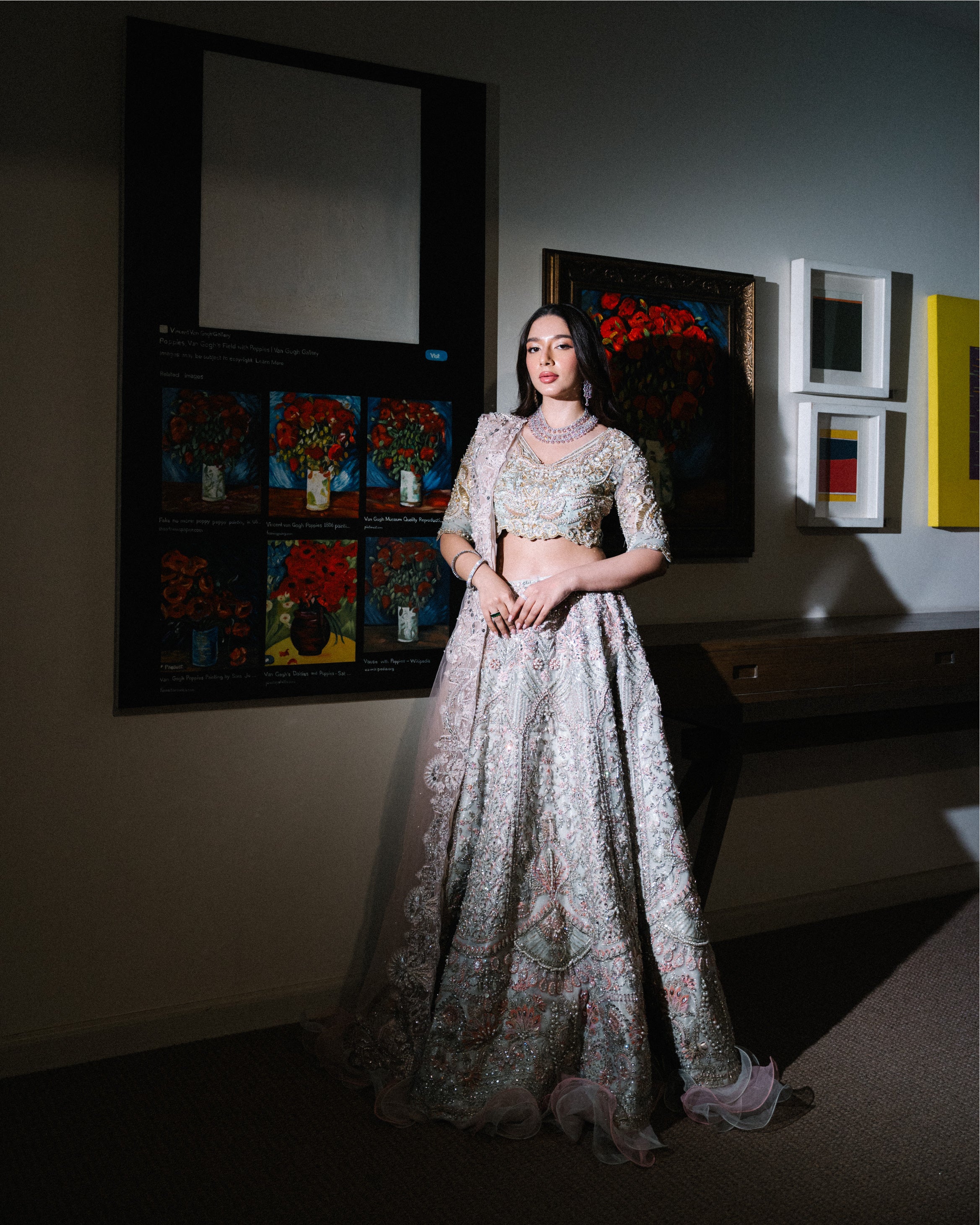 Ice Blue & Pink Embroidered Organza Lehenga Choli (3-Piece) - Image 1