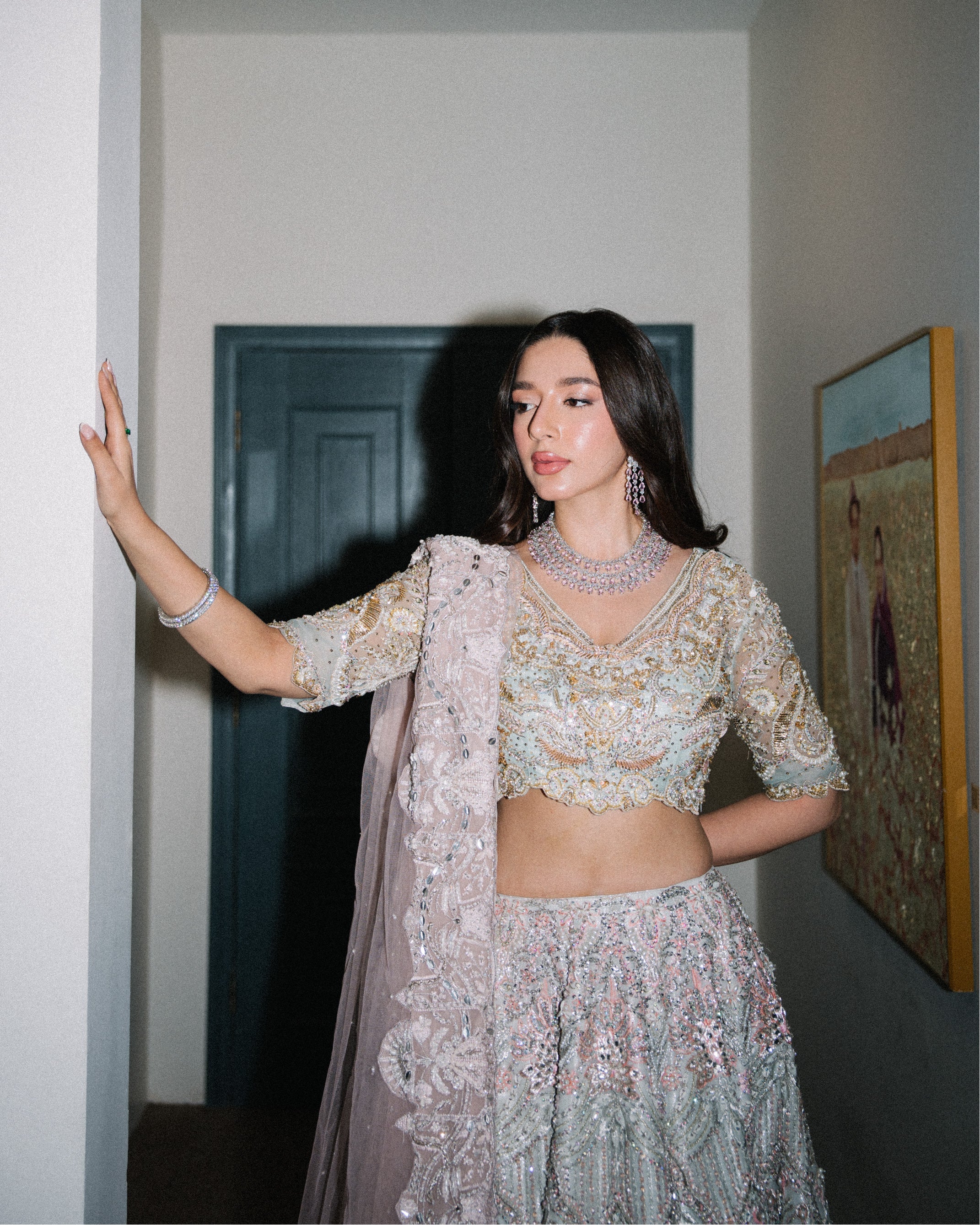 Ice Blue & Pink Embroidered Organza Lehenga Choli (3-Piece) - Image 2