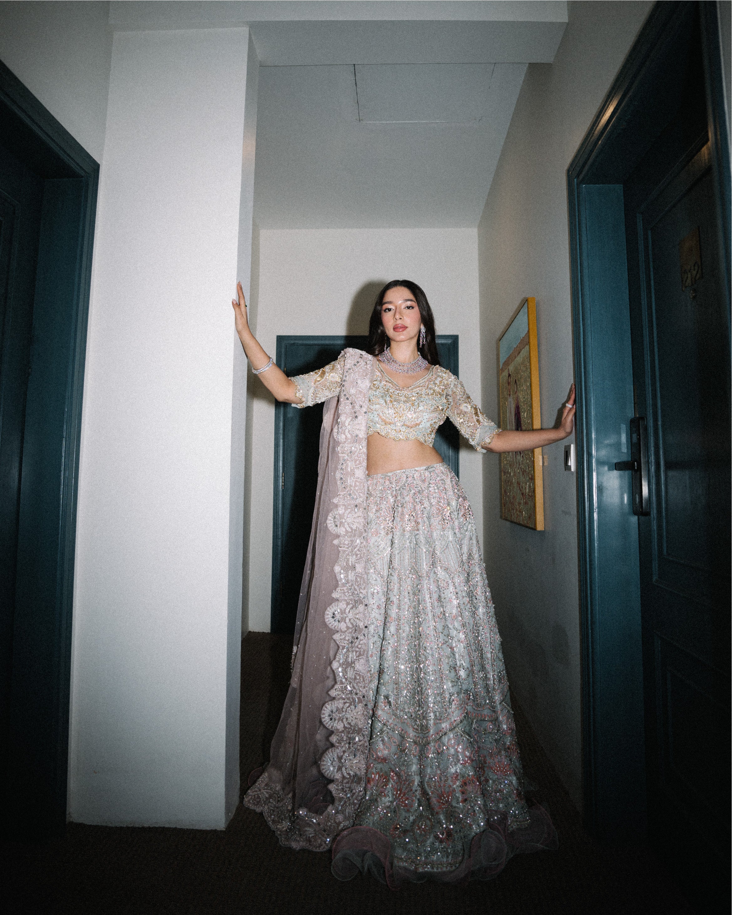 Ice Blue & Pink Embroidered Organza Lehenga Choli (3-Piece) - Image 3