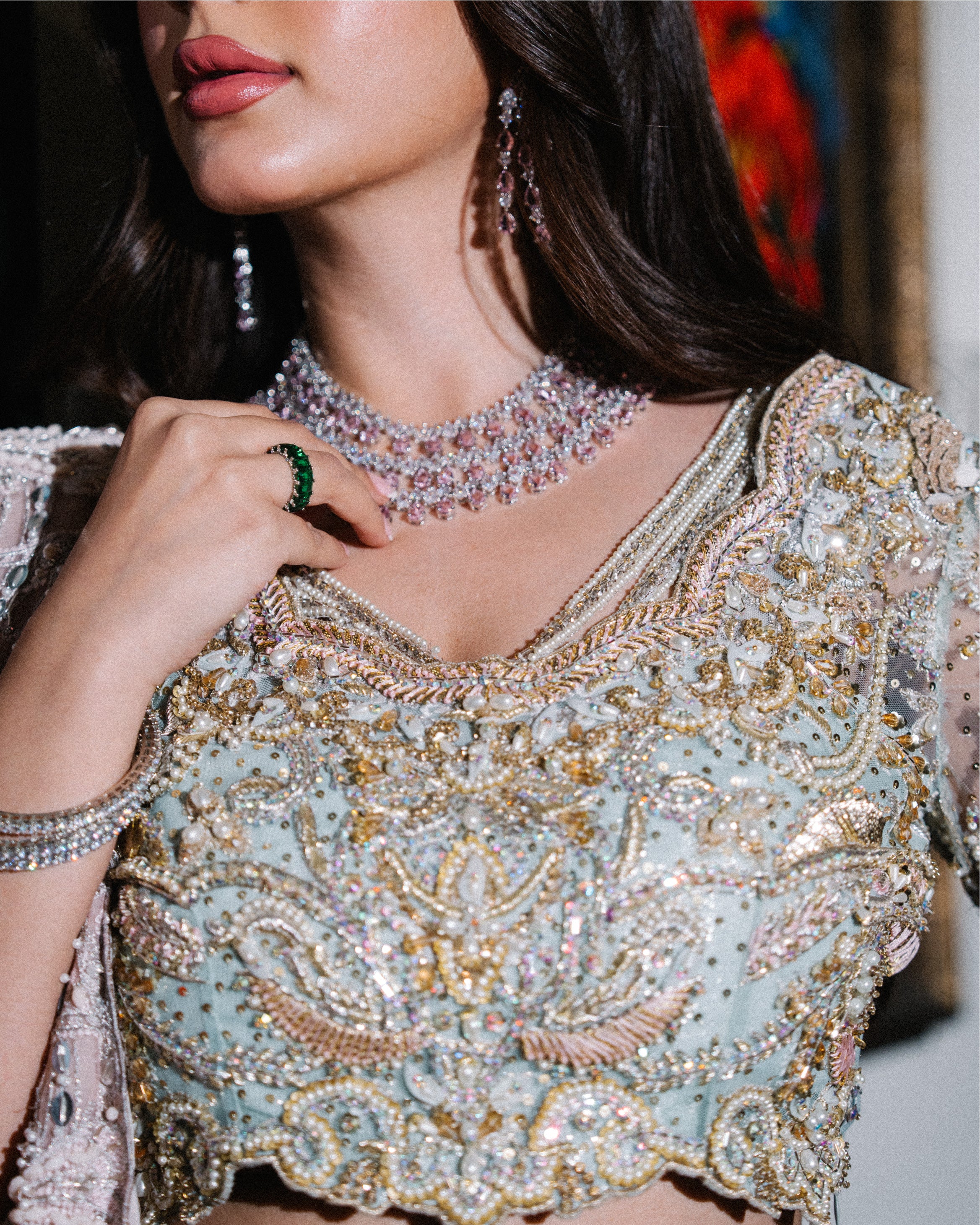 Ice Blue & Pink Embroidered Organza Lehenga Choli (3-Piece) - Image 4