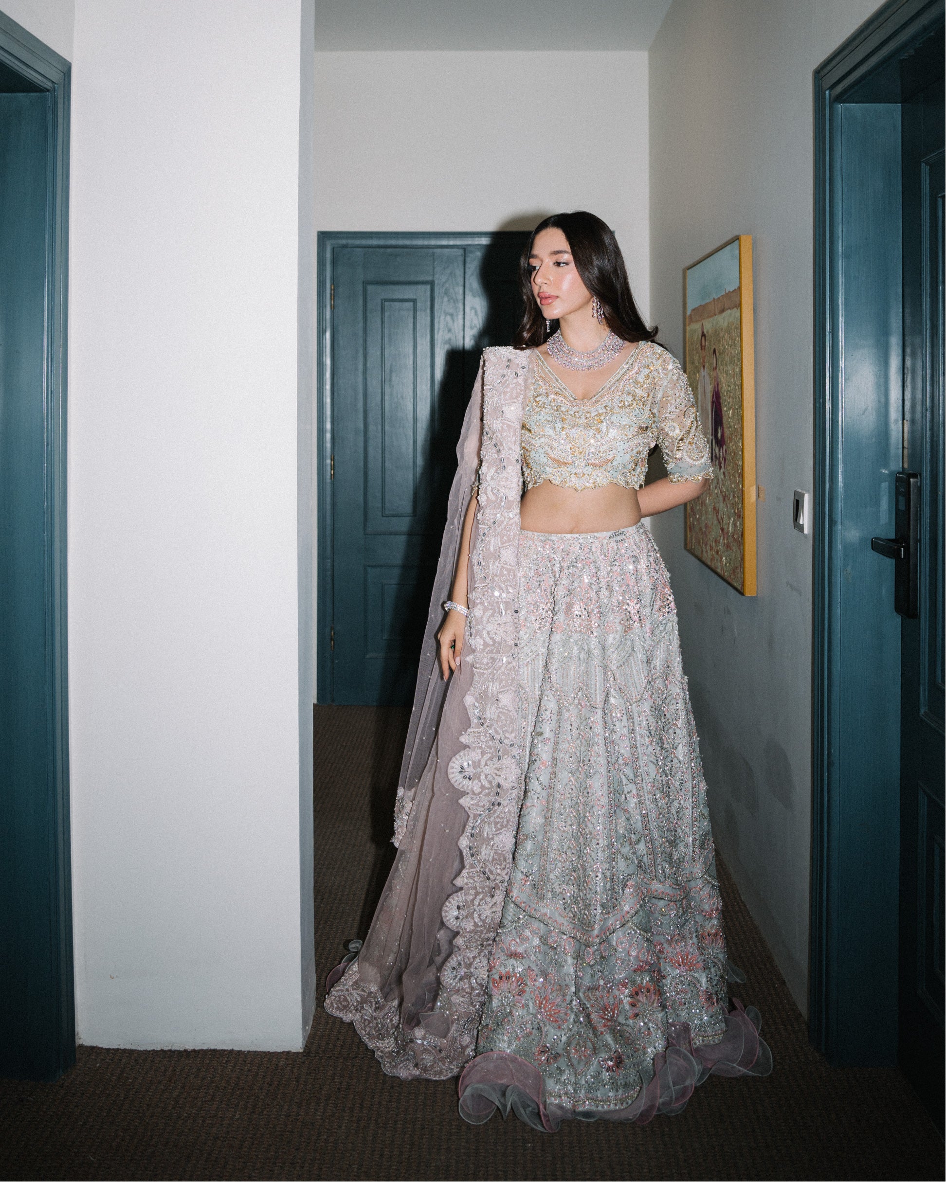 Ice Blue & Pink Embroidered Organza Lehenga Choli (3-Piece) - Image 5