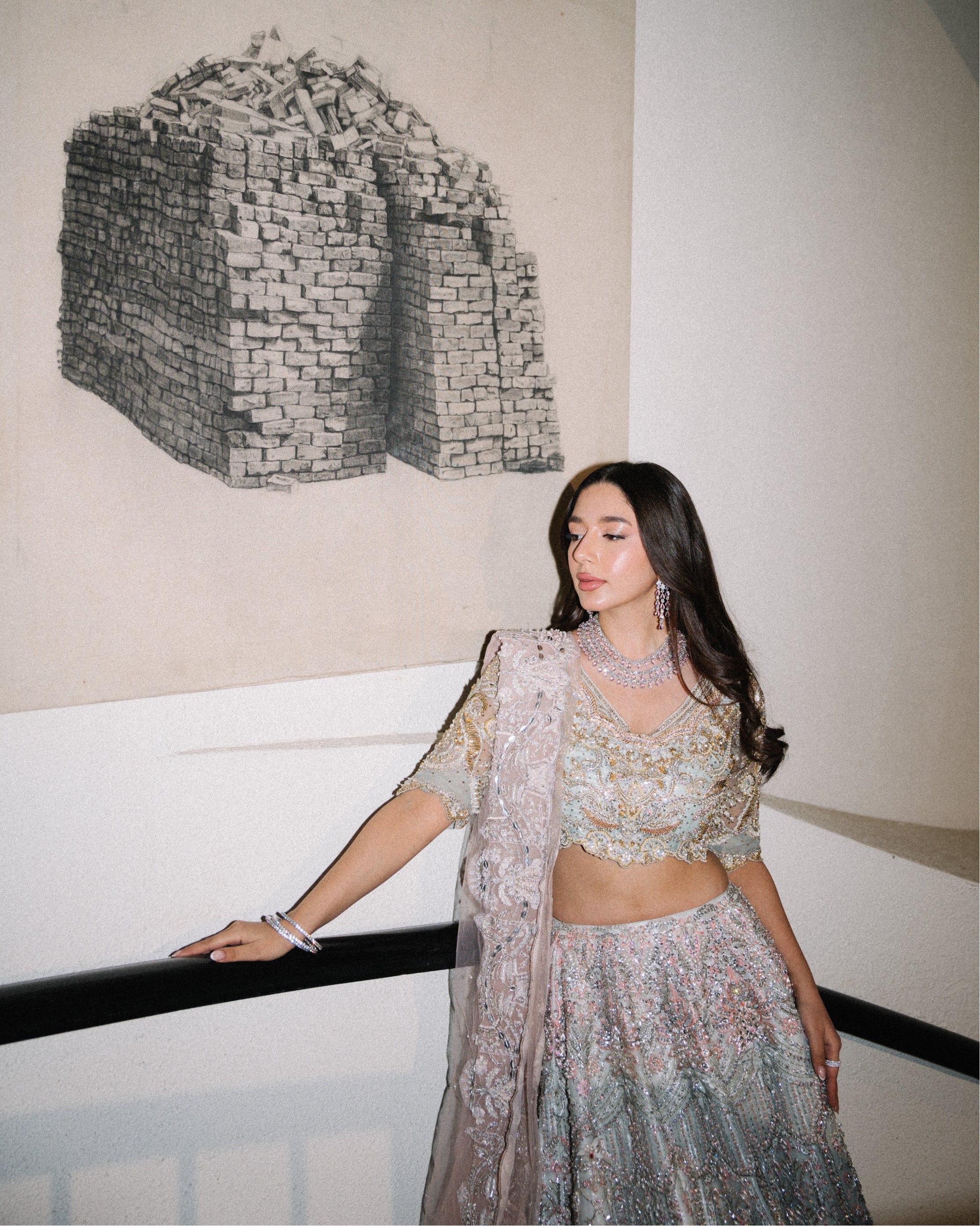 Ice Blue & Pink Embroidered Organza Lehenga Choli (3-Piece) - Image 7