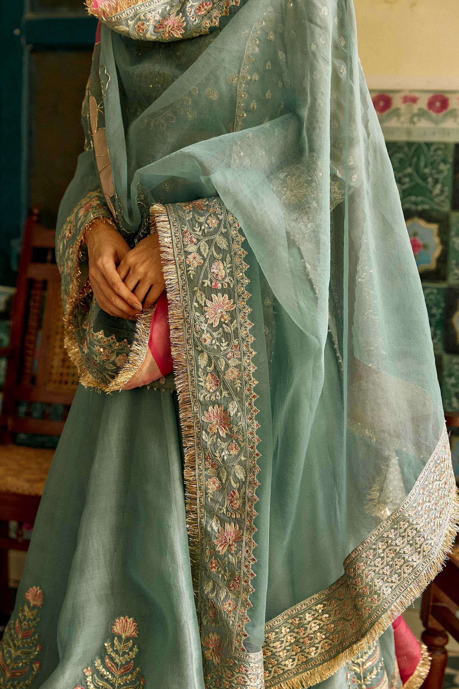 Aqua Zardozi Organza Lehenga Set (3-Piece) - Image 7