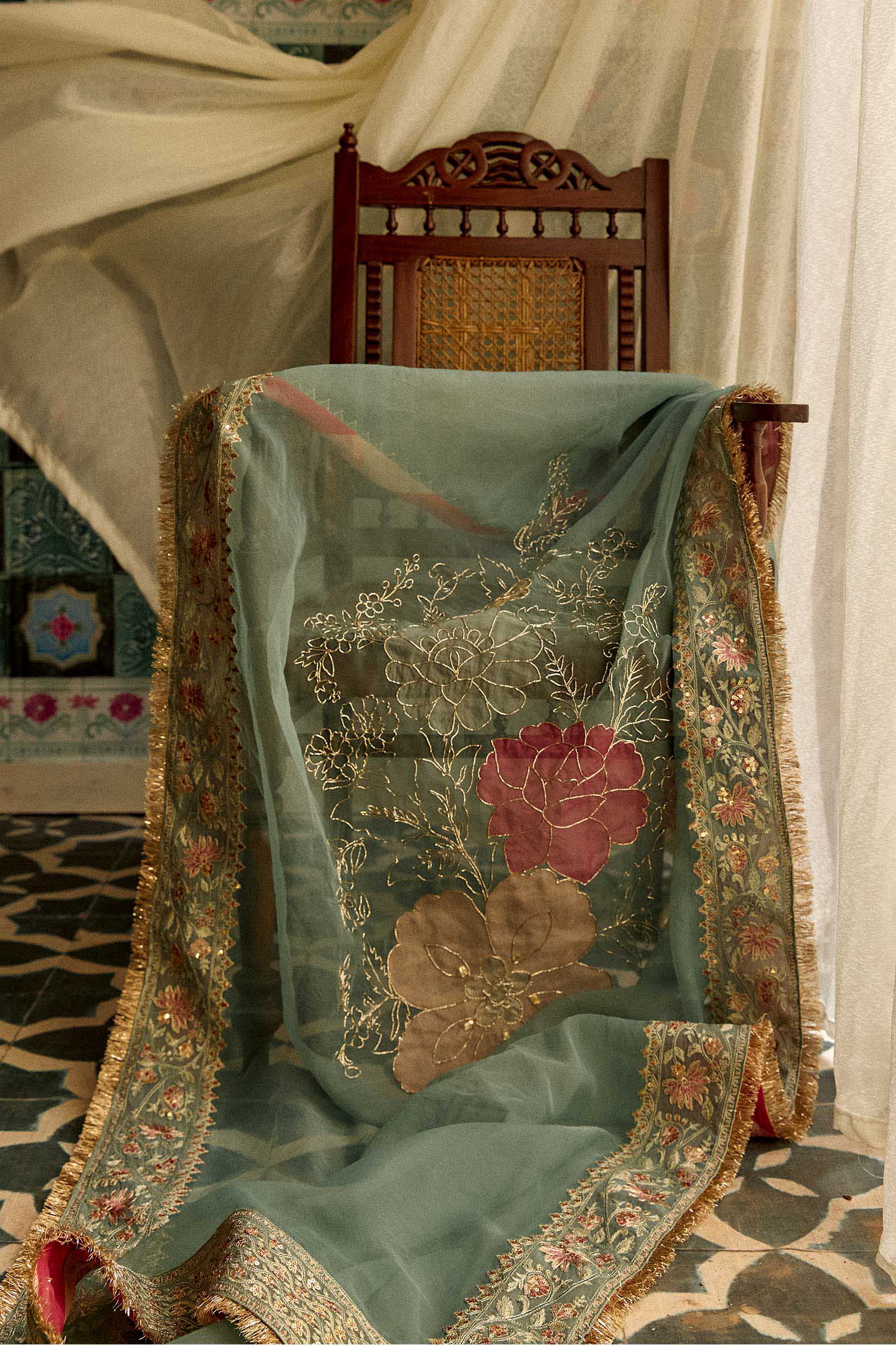 Aqua Zardozi Organza Lehenga Set (3-Piece) - Image 8