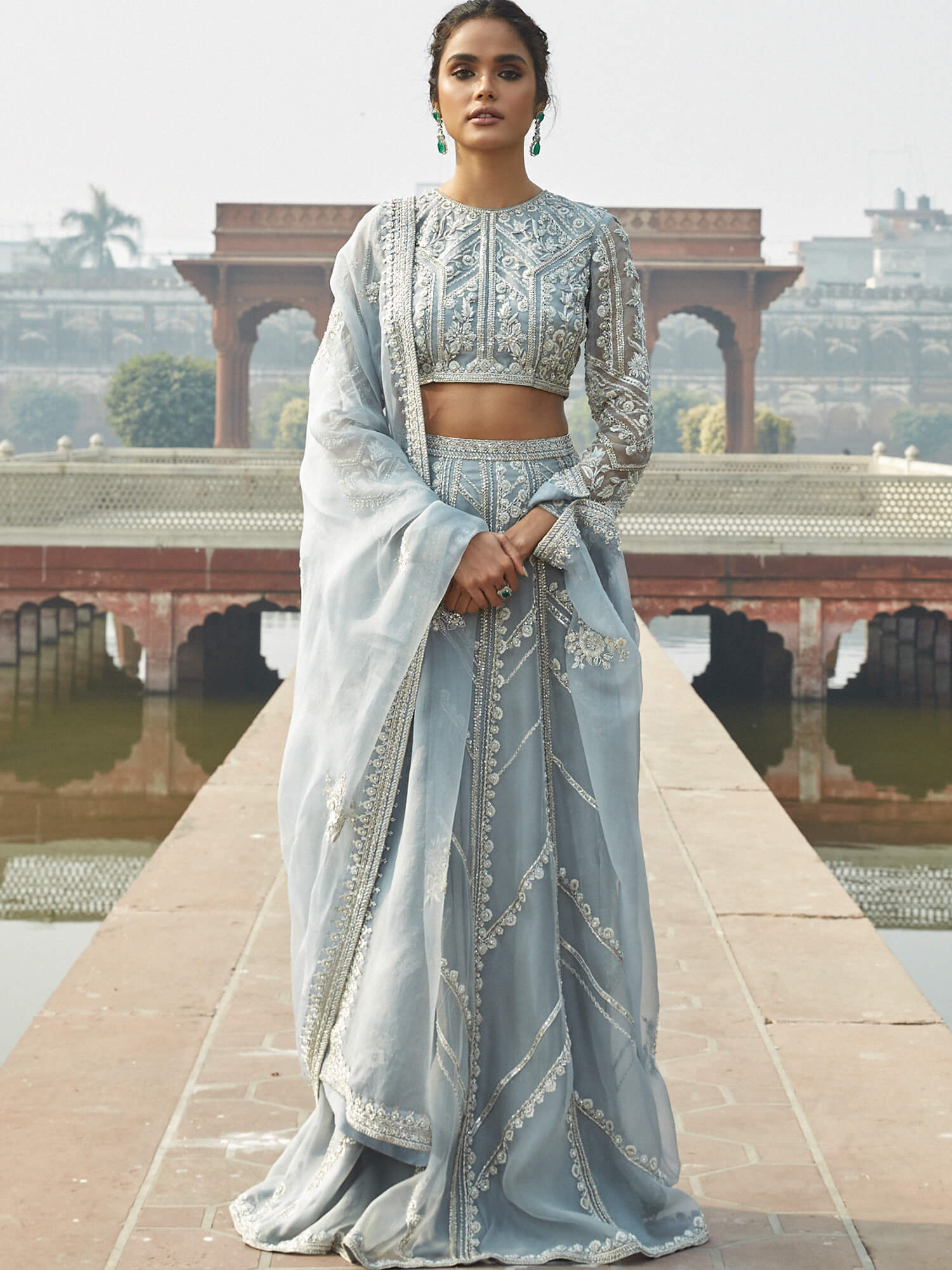 Pakistani Dusty Blue Zardozi Organza Lehenga Set (3-Piece) - Image 1