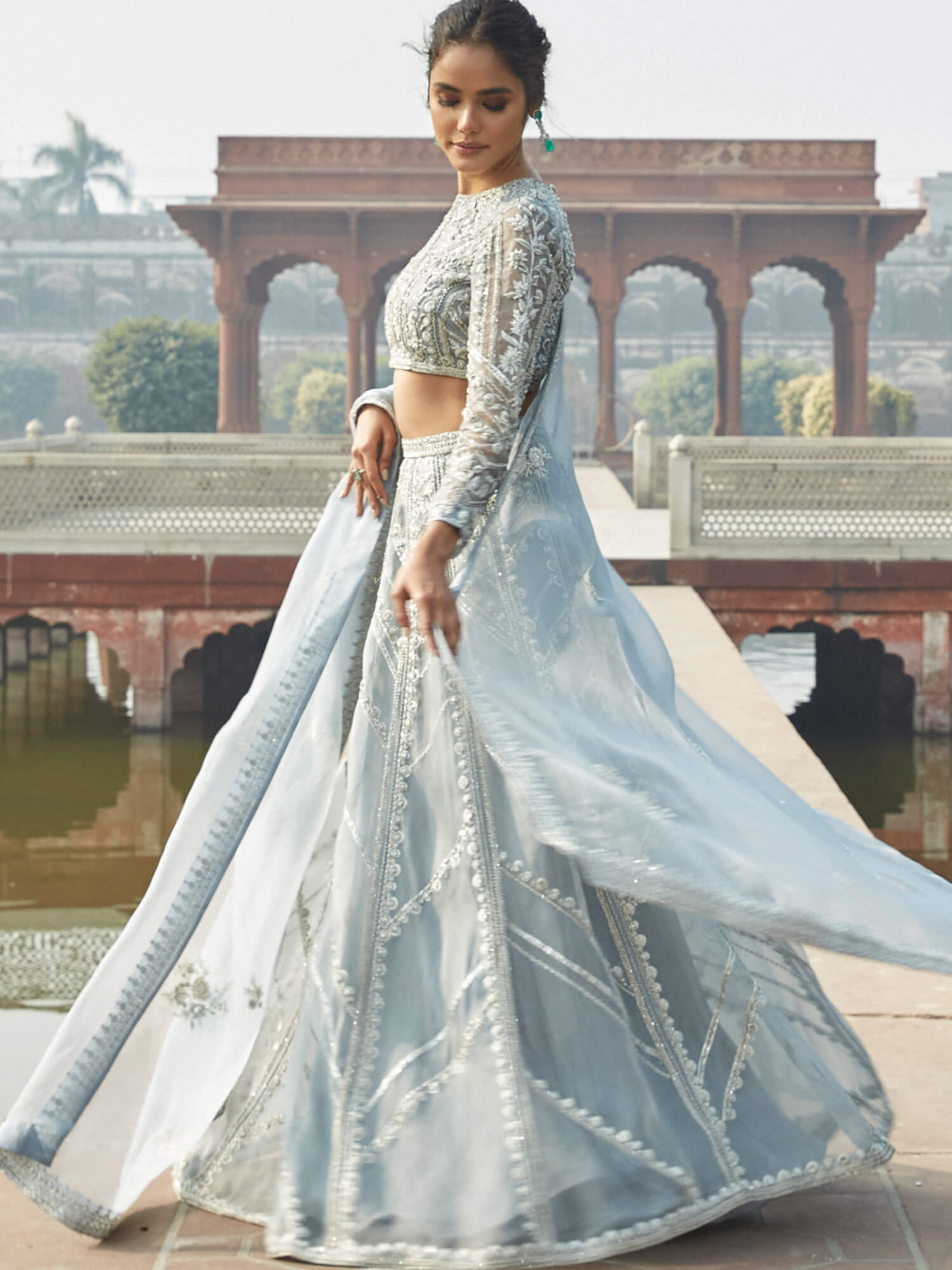 Pakistani Dusty Blue Zardozi Organza Lehenga Set (3-Piece) - Image 2