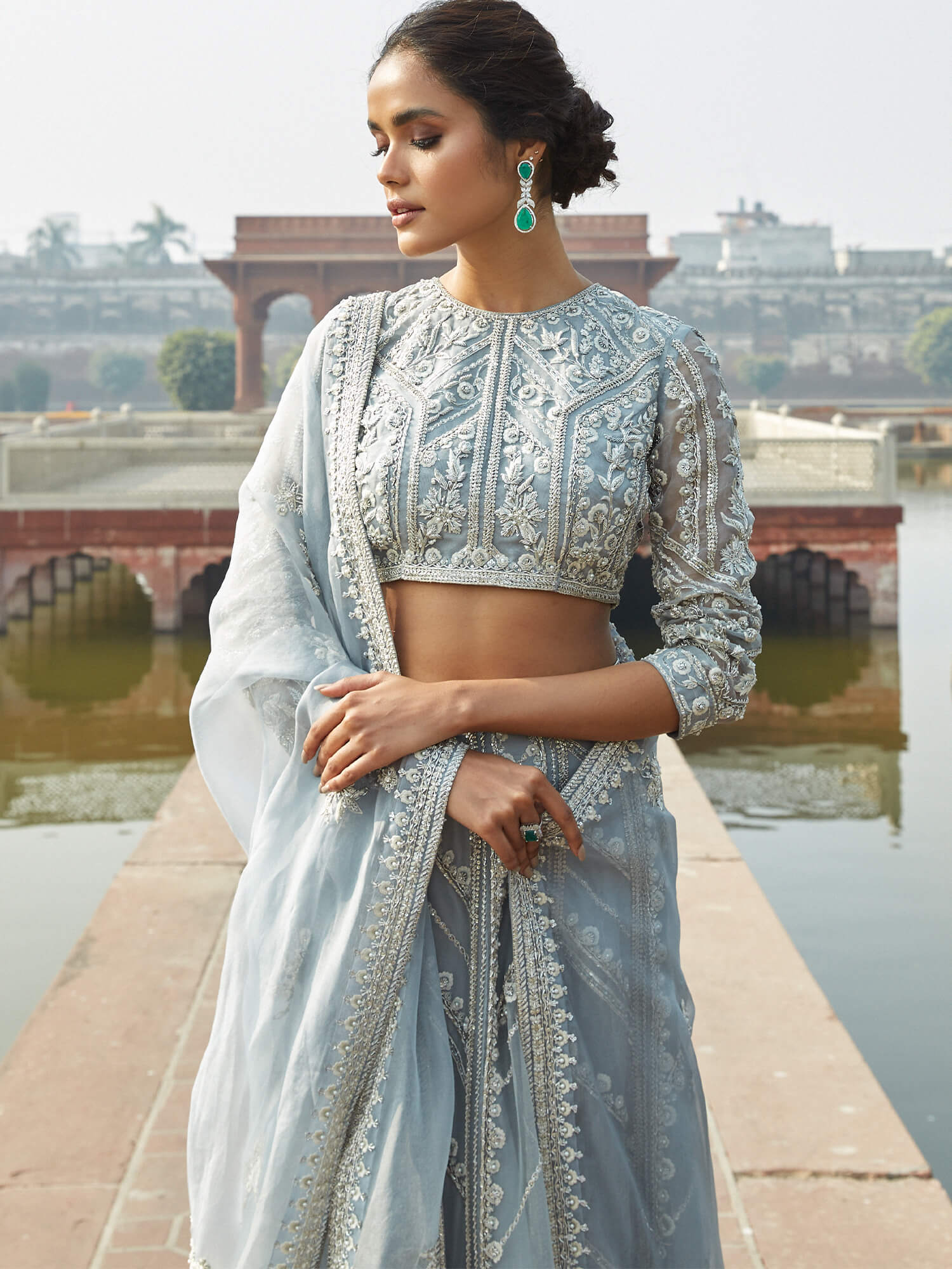 Pakistani Dusty Blue Zardozi Organza Lehenga Set (3-Piece) - Image 3