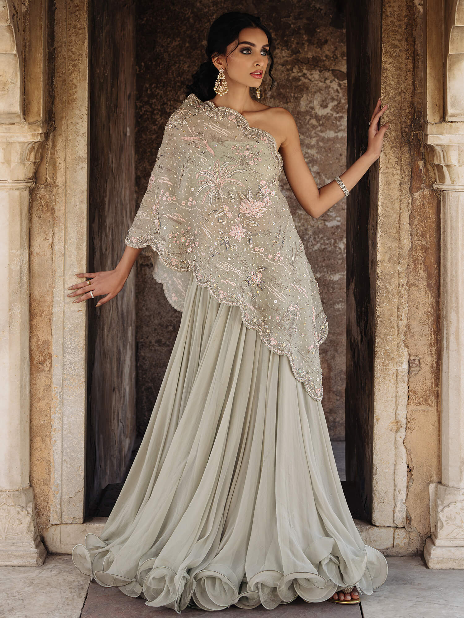 Powder Blue Resham Zardozi Organza Stole with Chiffon Lehenga (3-Piece) - Image 1