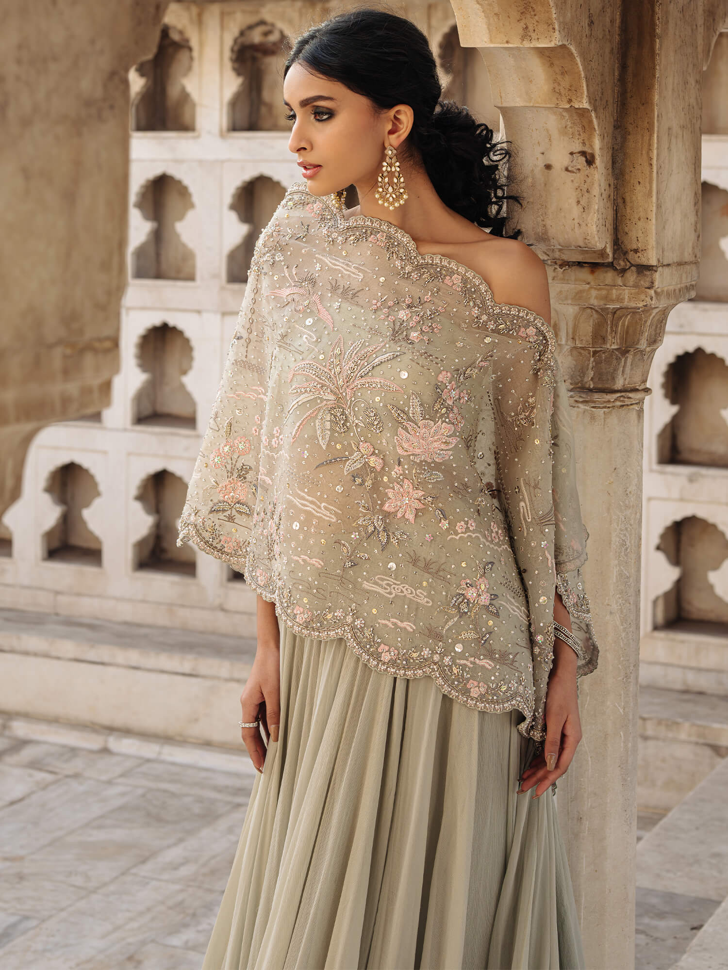 Powder Blue Resham Zardozi Organza Stole with Chiffon Lehenga (3-Piece) - Image 2