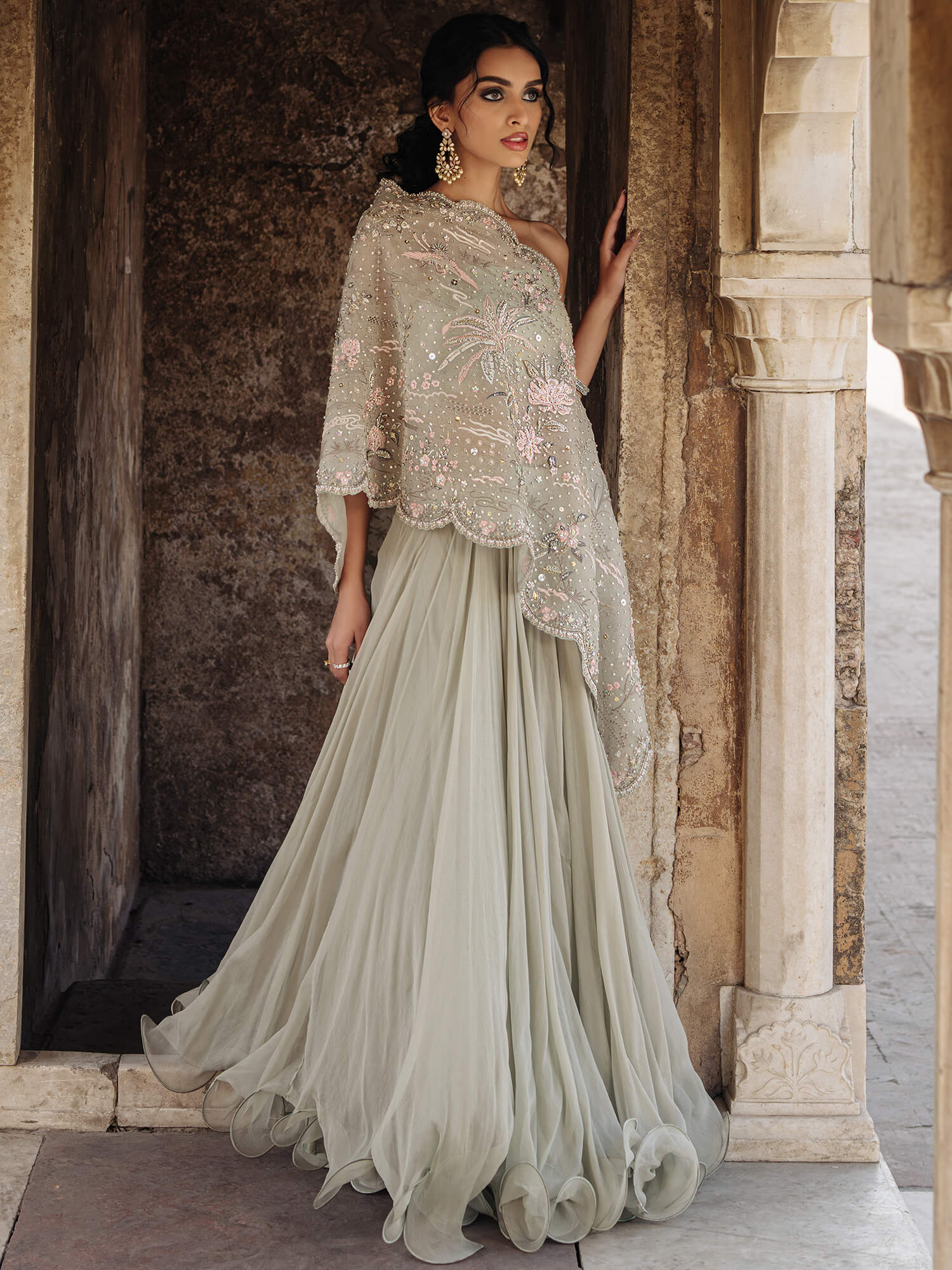 Powder Blue Resham Zardozi Organza Stole with Chiffon Lehenga (3-Piece) - Image 3