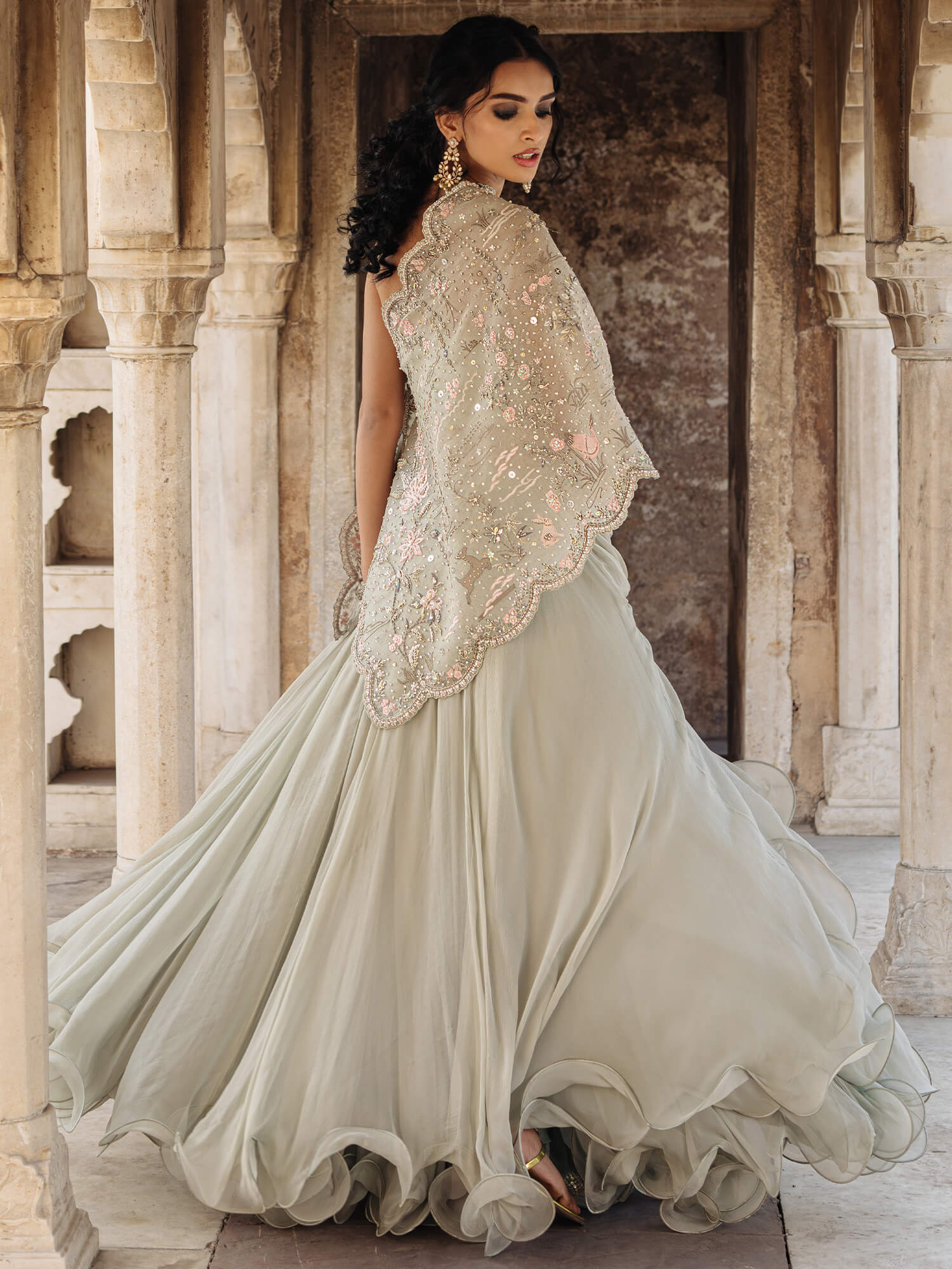 Powder Blue Resham Zardozi Organza Stole with Chiffon Lehenga (3-Piece) - Image 4