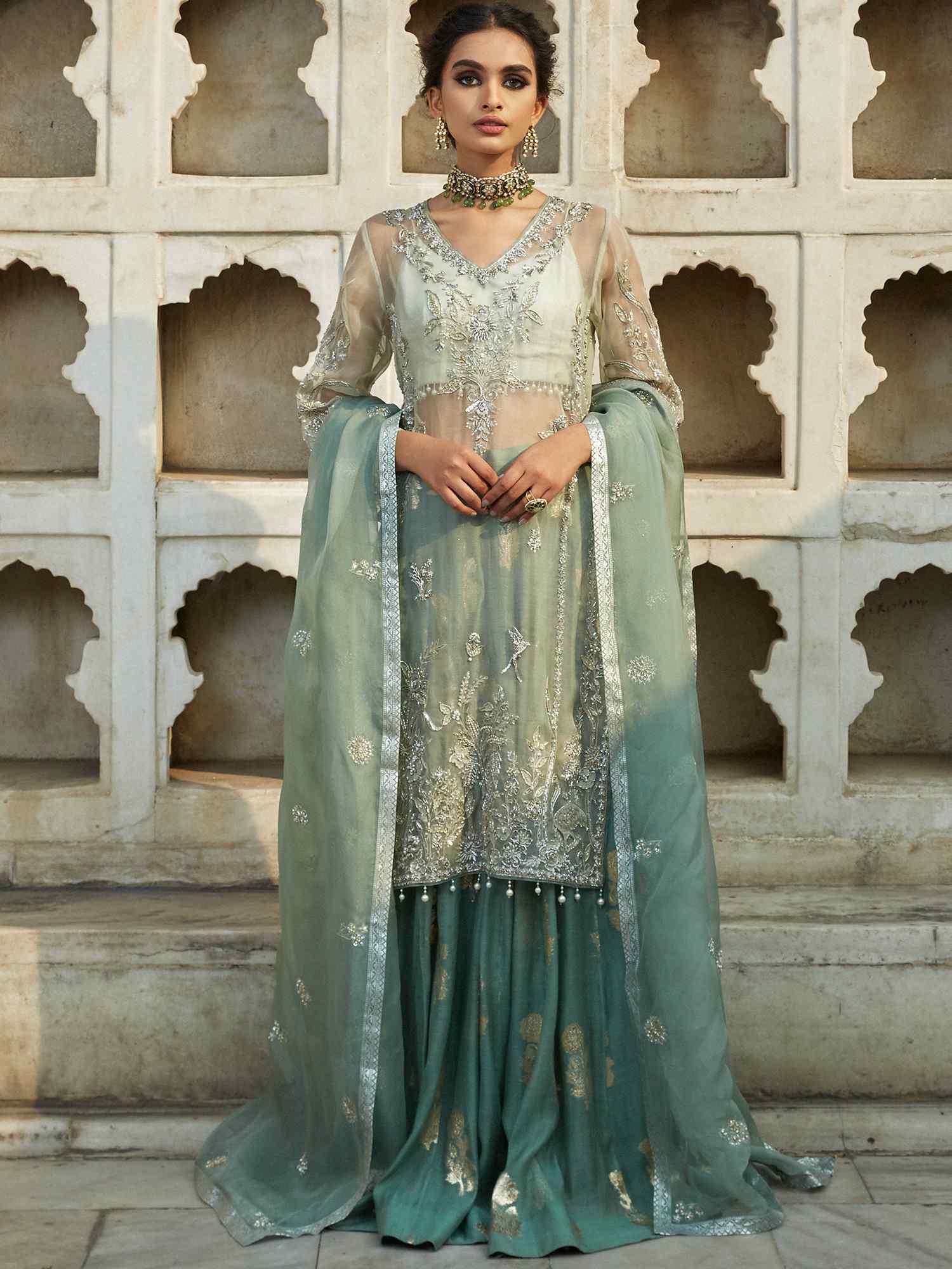Aqua Zardozi Organza & Jamawar Lehenga (3-Piece) - Image 1