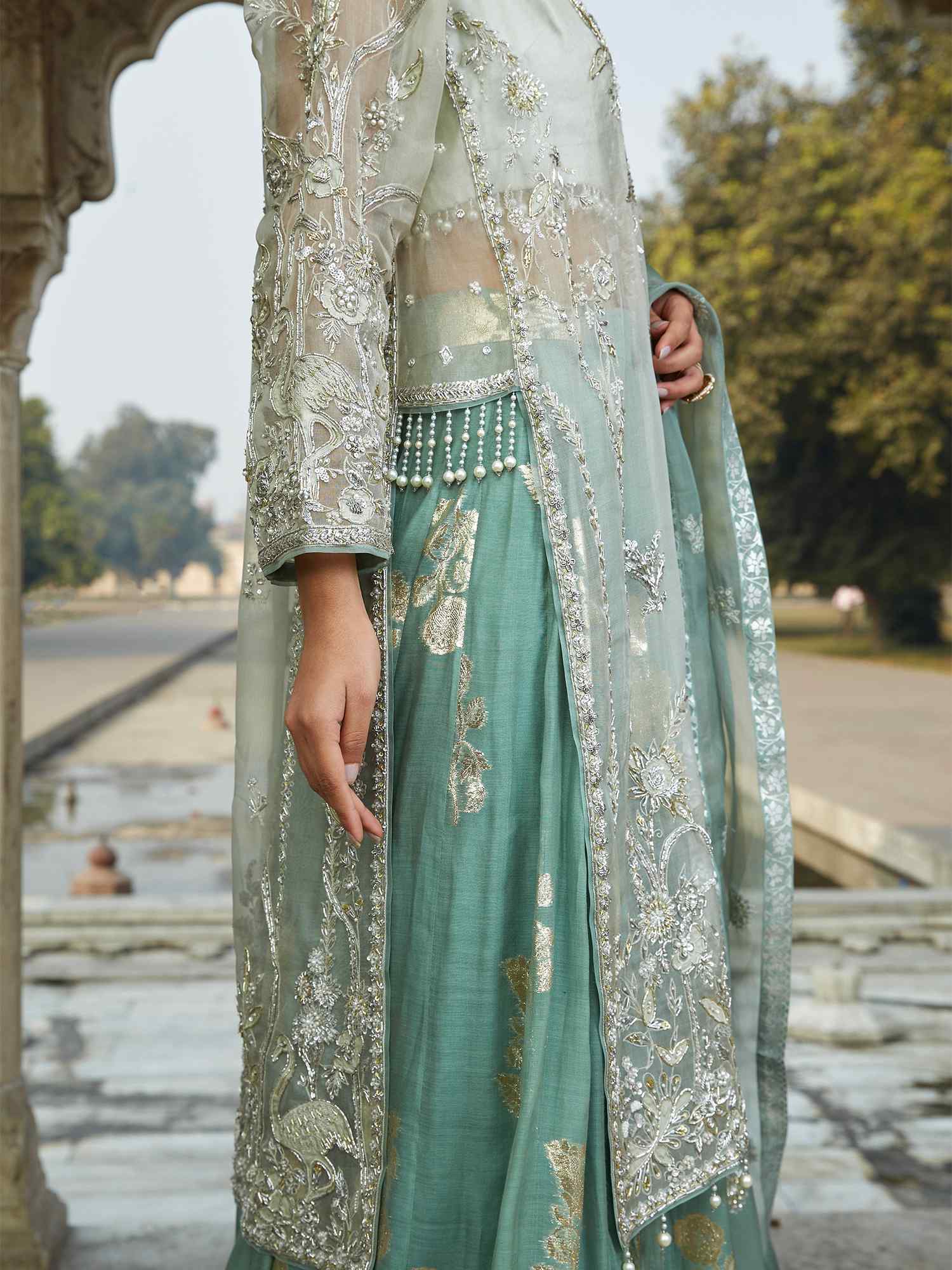 Aqua Zardozi Organza & Jamawar Lehenga (3-Piece) - Image 2