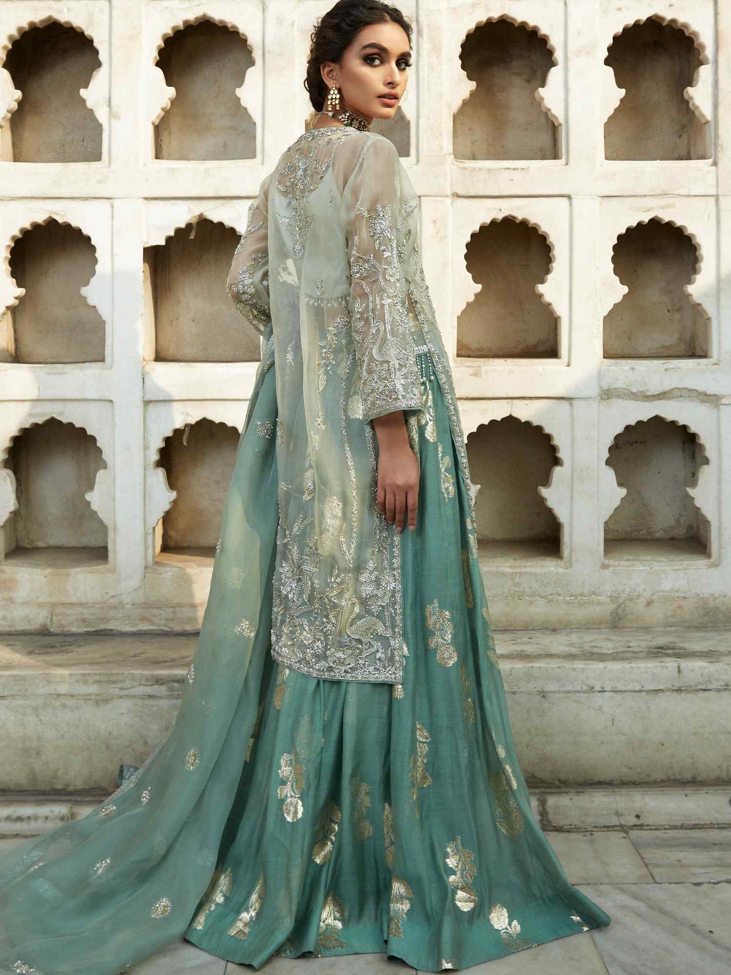 Aqua Zardozi Organza & Jamawar Lehenga (3-Piece) - Image 3