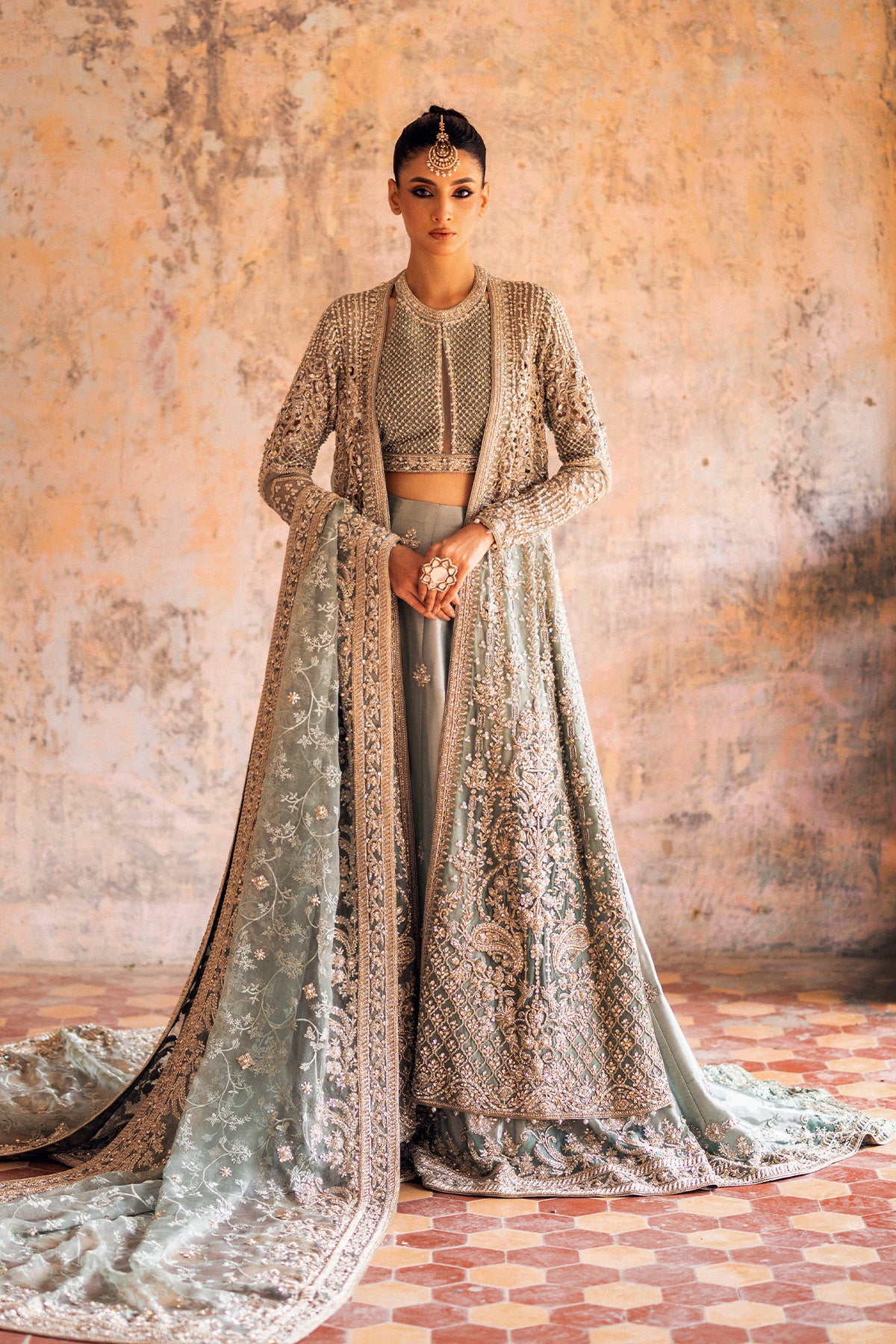 Pakistani Ice Blue Embellished Organza Velvet Raw Silk Bridal Lehenga (3-Piece) - Image 1