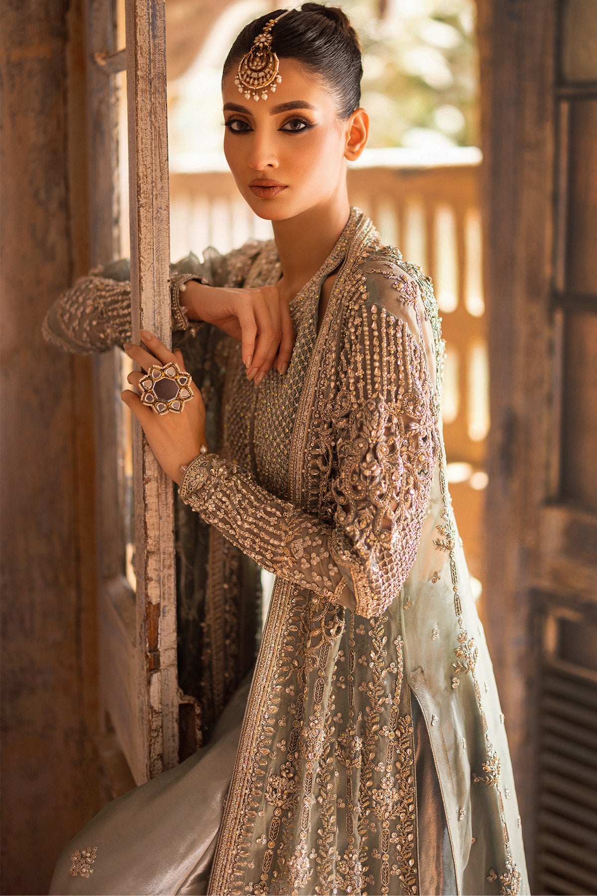 Pakistani Ice Blue Embellished Organza Velvet Raw Silk Bridal Lehenga (3-Piece) - Image 2