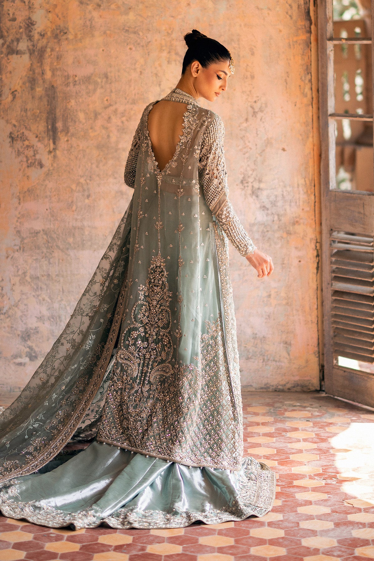 Pakistani Ice Blue Embellished Organza Velvet Raw Silk Bridal Lehenga (3-Piece) - Image 4