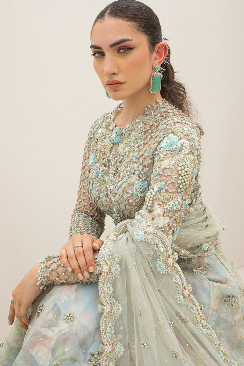 Pale Blue Zardozi Organza Lehenga Choli (3-Piece) - Image 3