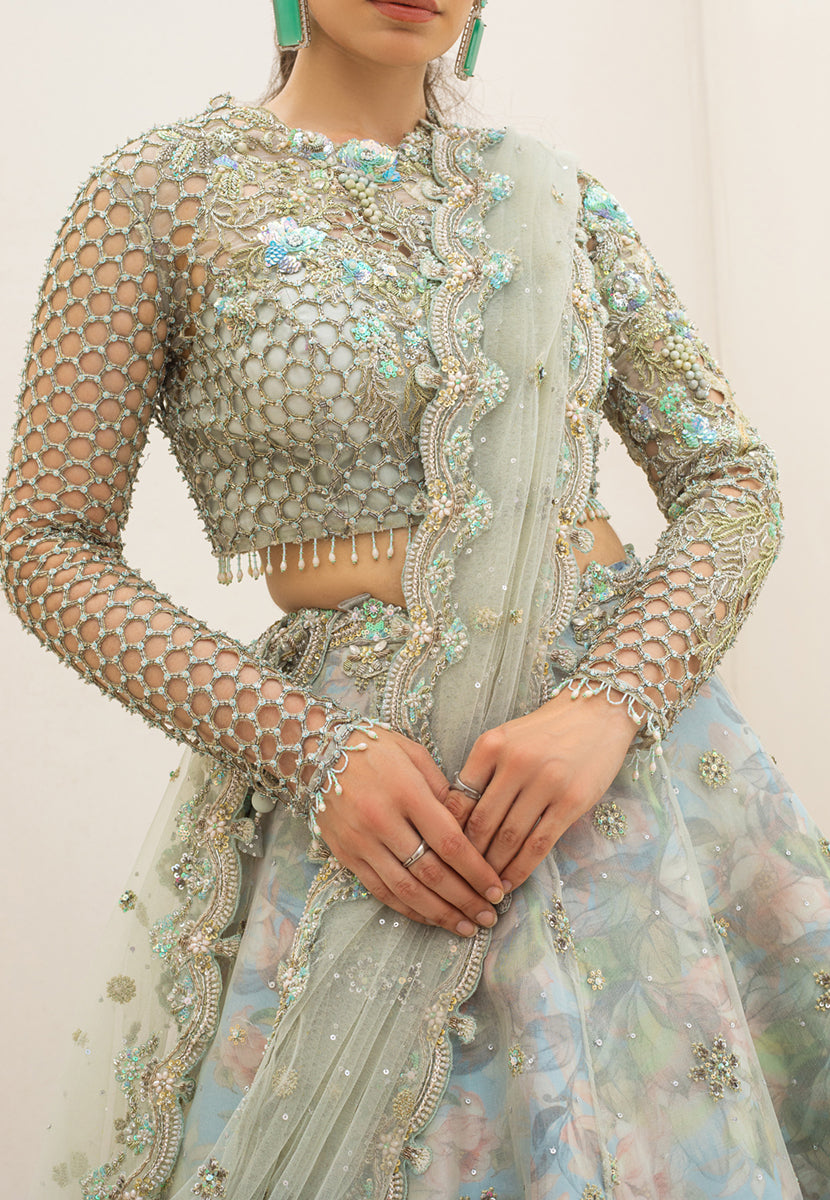 Pale Blue Zardozi Organza Lehenga Choli (3-Piece) - Image 4