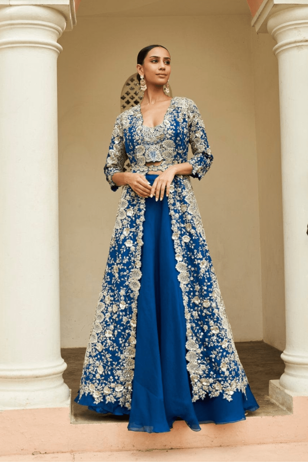 Jade Blue Zardozi Organza Lehenga Set (3-Piece) - Image 1