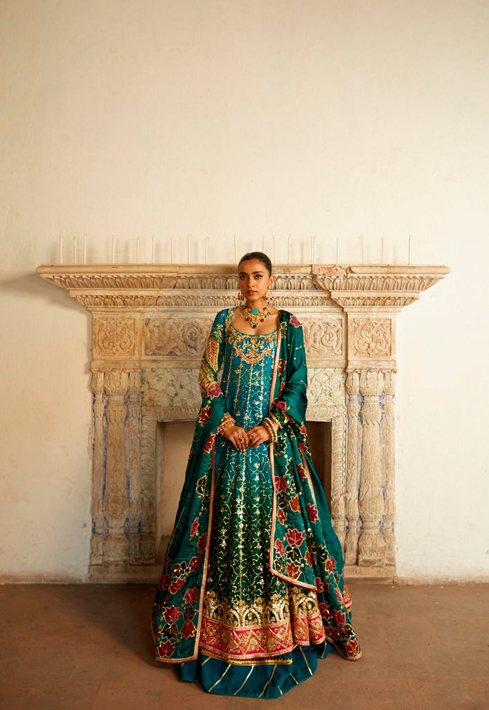 Peacock Blue Zardozi Organza Lehenga Set (3-Piece) - Image 1