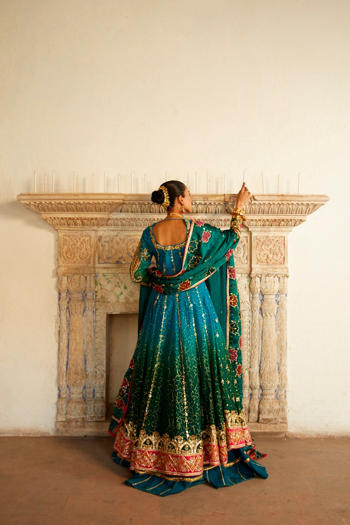 Peacock Blue Zardozi Organza Lehenga Set (3-Piece) - Image 3