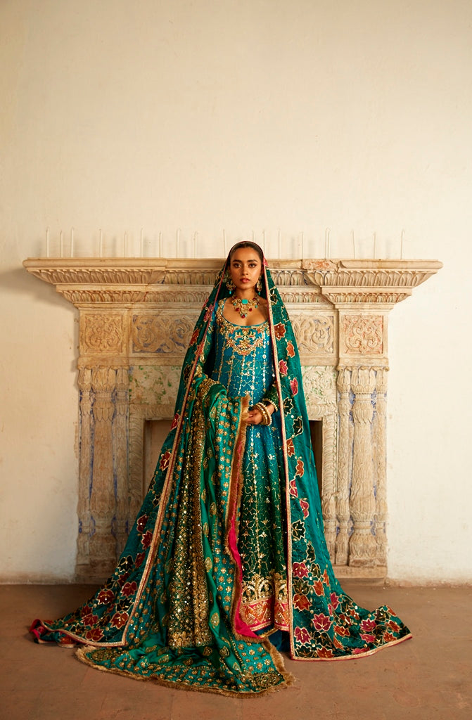 Peacock Blue Zardozi Organza Lehenga Set (3-Piece) - Image 4