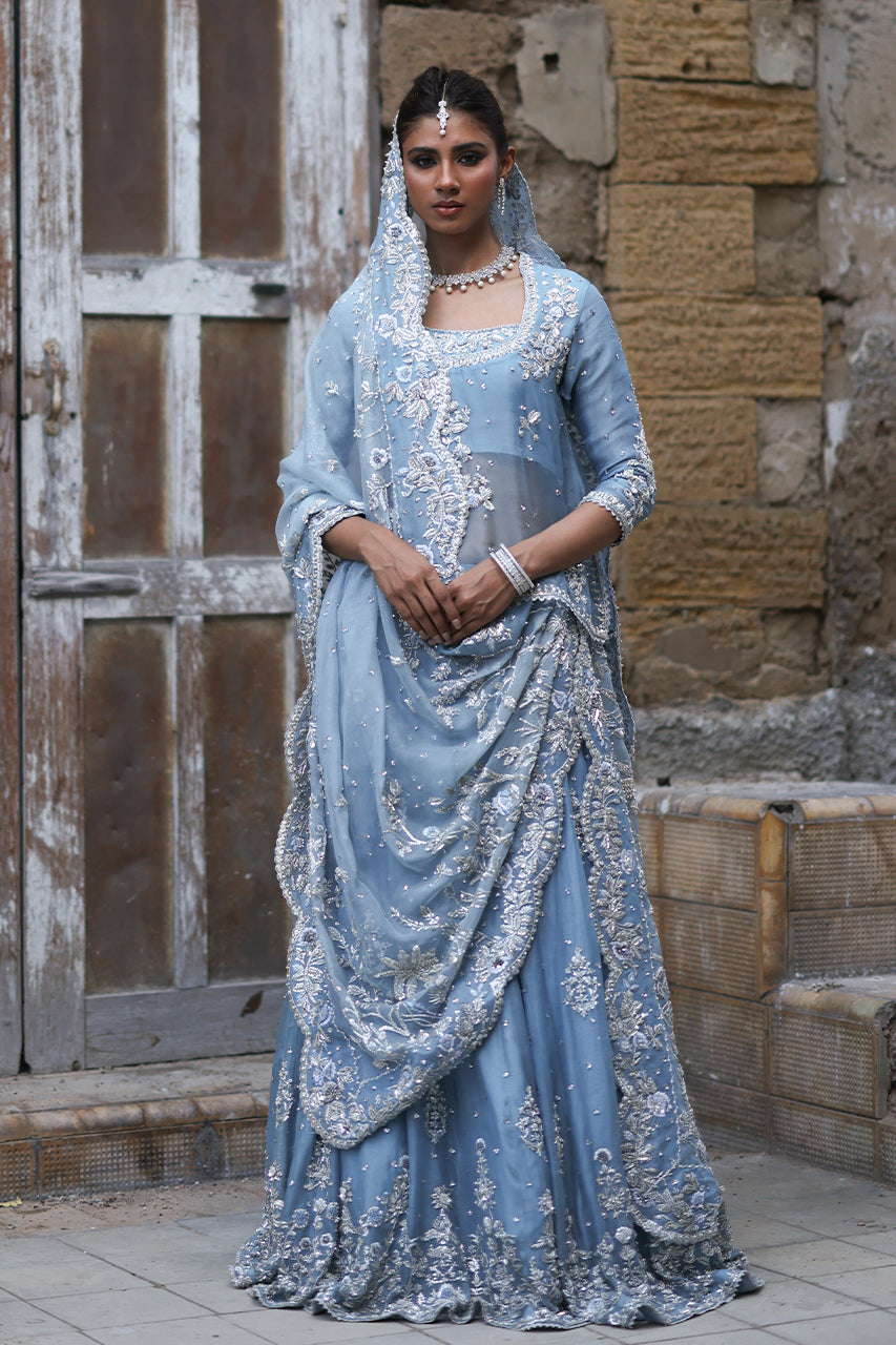 Pakistani Soft Blue Zardozi Organza Bridal Lehenga (3-Piece) - Image 1