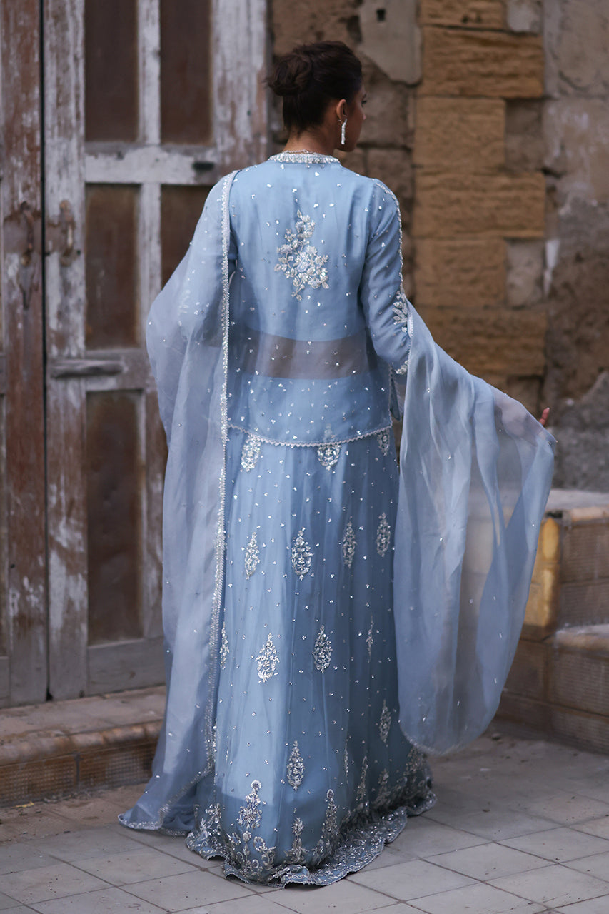 Pakistani Soft Blue Zardozi Organza Bridal Lehenga (3-Piece) - Image 10
