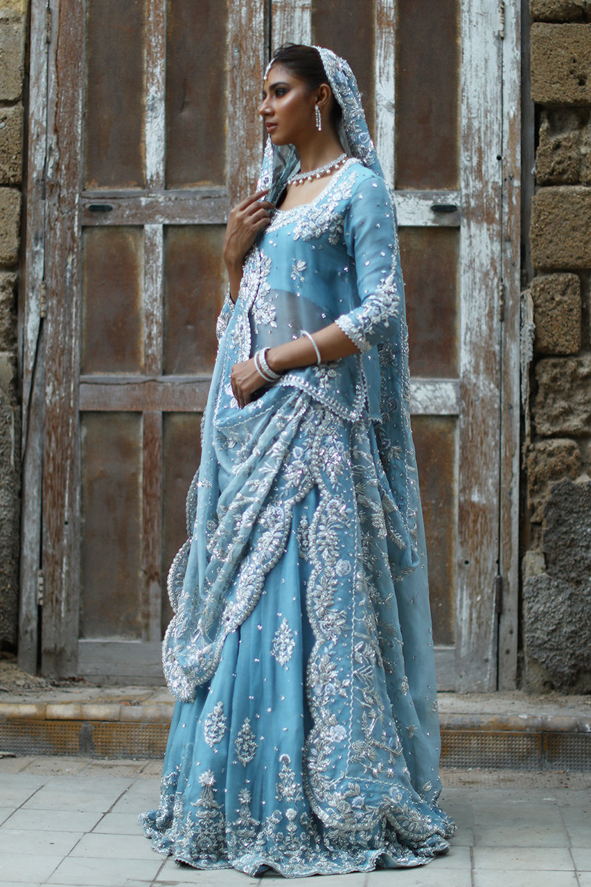 Pakistani Soft Blue Zardozi Organza Bridal Lehenga (3-Piece) - Image 4