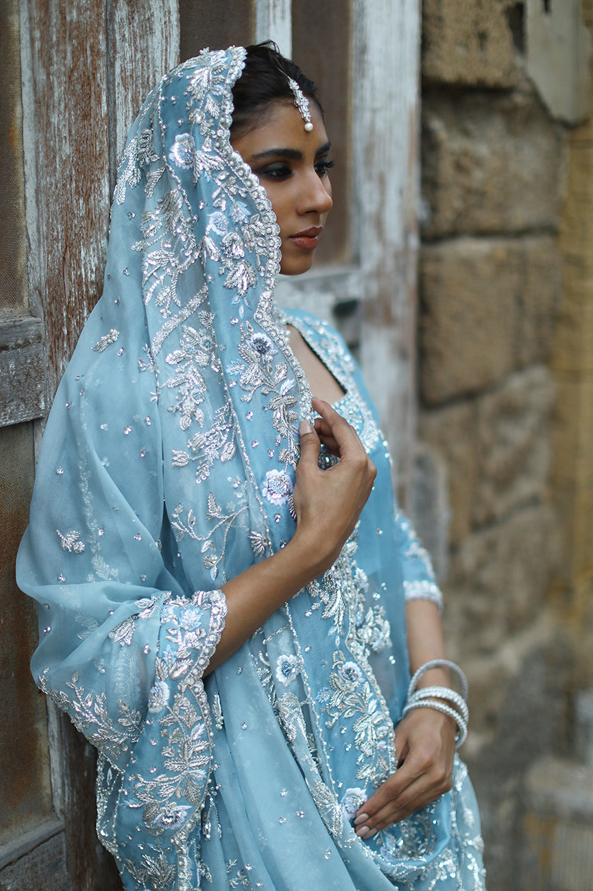 Pakistani Soft Blue Zardozi Organza Bridal Lehenga (3-Piece) - Image 5