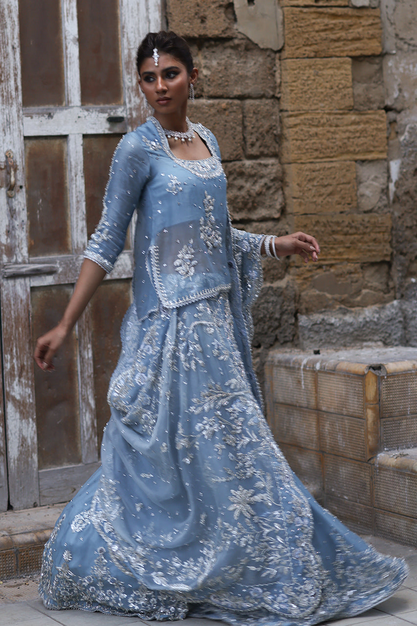 Pakistani Soft Blue Zardozi Organza Bridal Lehenga (3-Piece) - Image 6