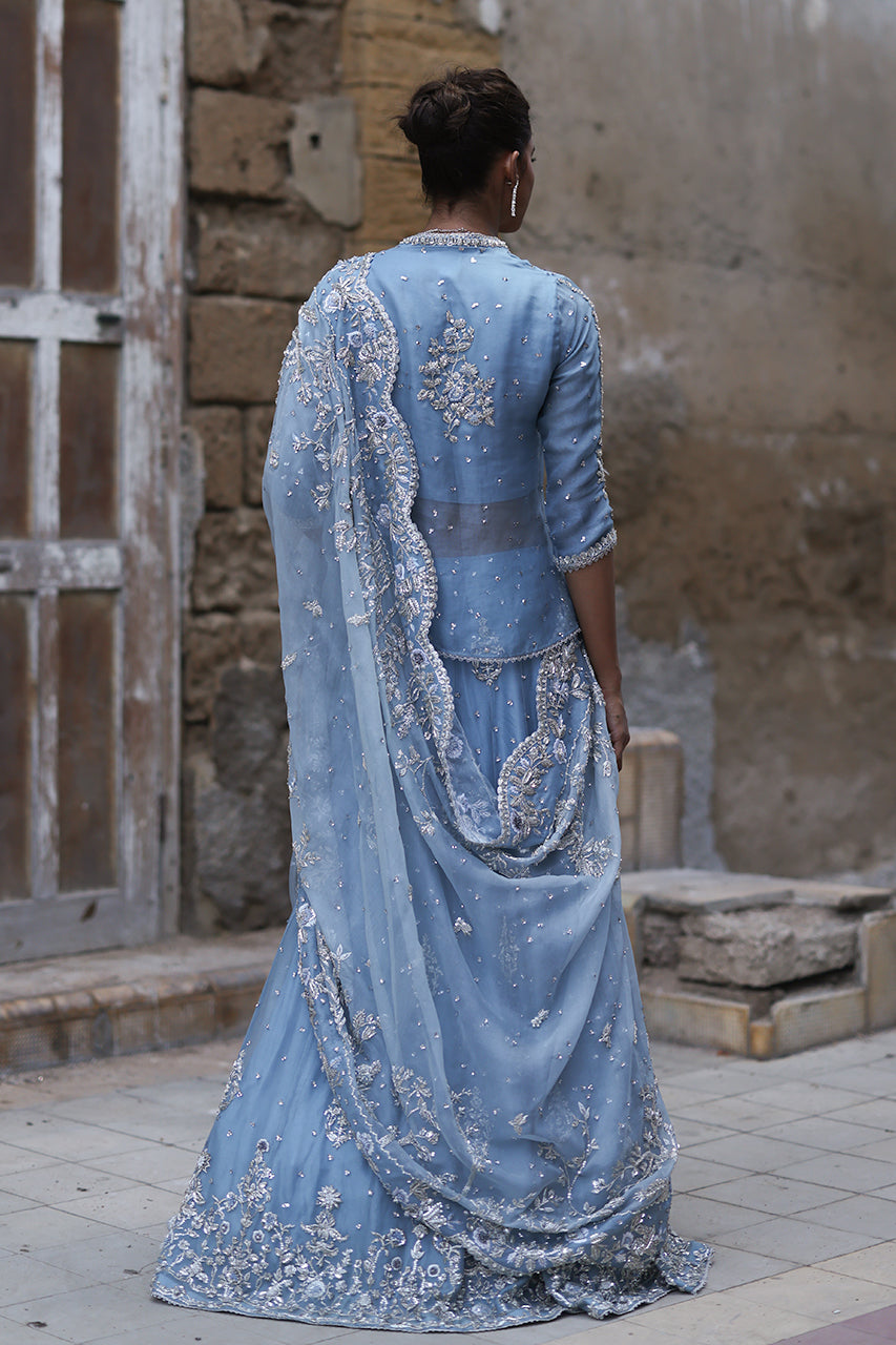 Pakistani Soft Blue Zardozi Organza Bridal Lehenga (3-Piece) - Image 7