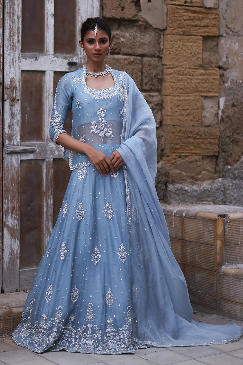 Pakistani Soft Blue Zardozi Organza Bridal Lehenga (3-Piece) - Image 8