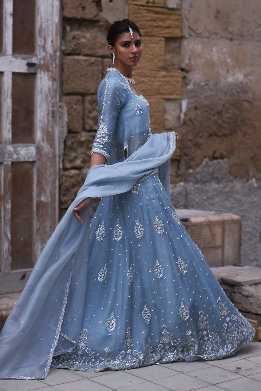 Pakistani Soft Blue Zardozi Organza Bridal Lehenga (3-Piece) - Image 9