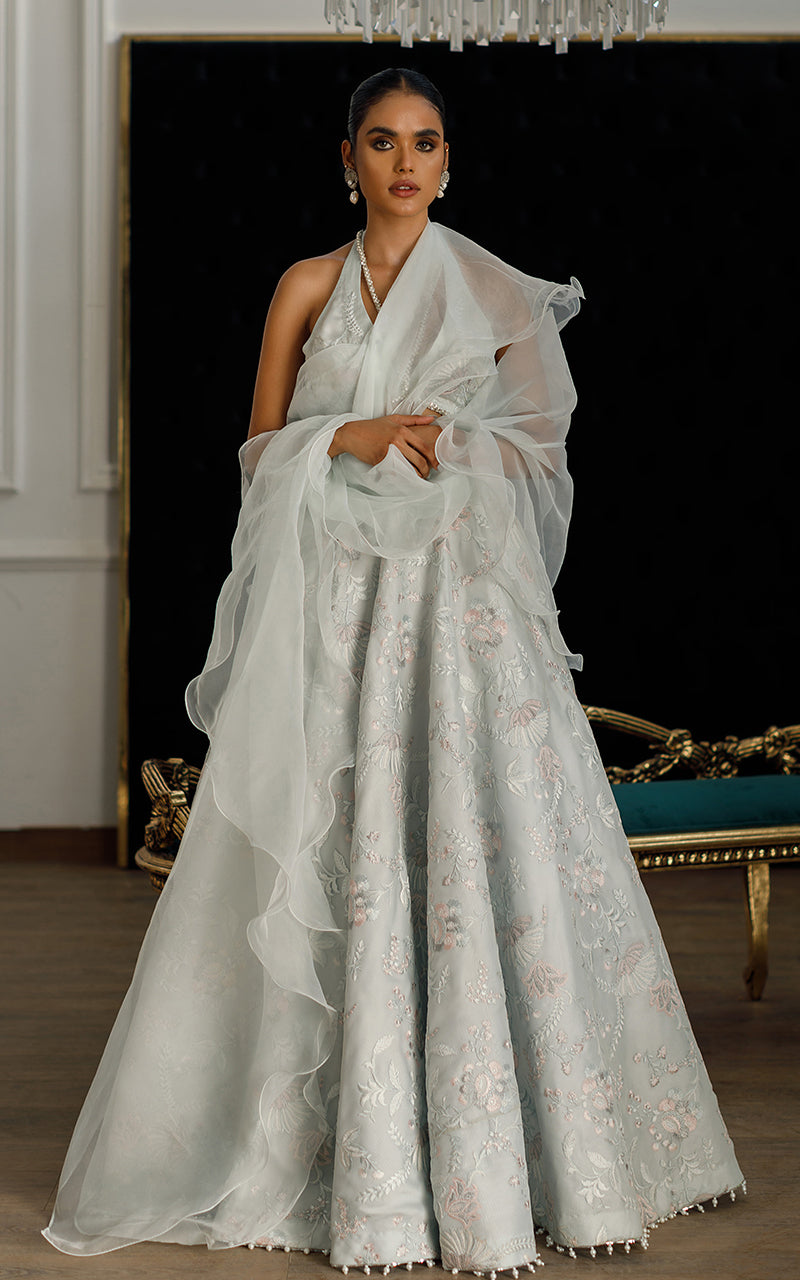 Pakistani Light Blue Embroidered Organza Lehenga Set (3-Piece) - Image 1
