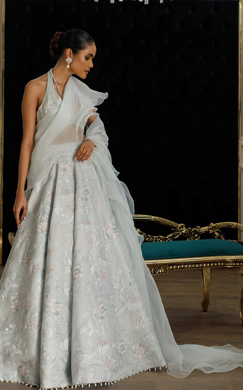 Pakistani Light Blue Embroidered Organza Lehenga Set (3-Piece) - Image 2