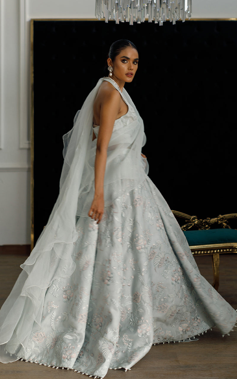 Pakistani Light Blue Embroidered Organza Lehenga Set (3-Piece) - Image 3