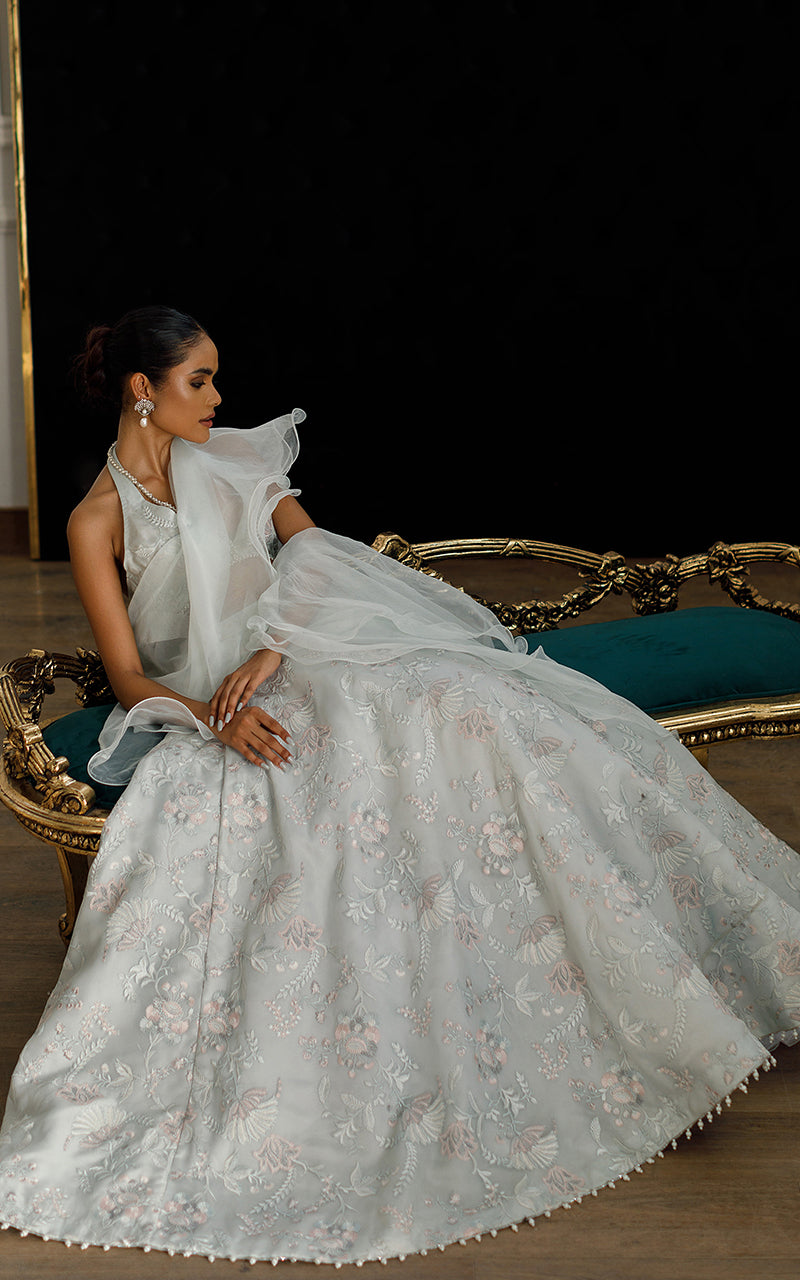 Pakistani Light Blue Embroidered Organza Lehenga Set (3-Piece) - Image 4