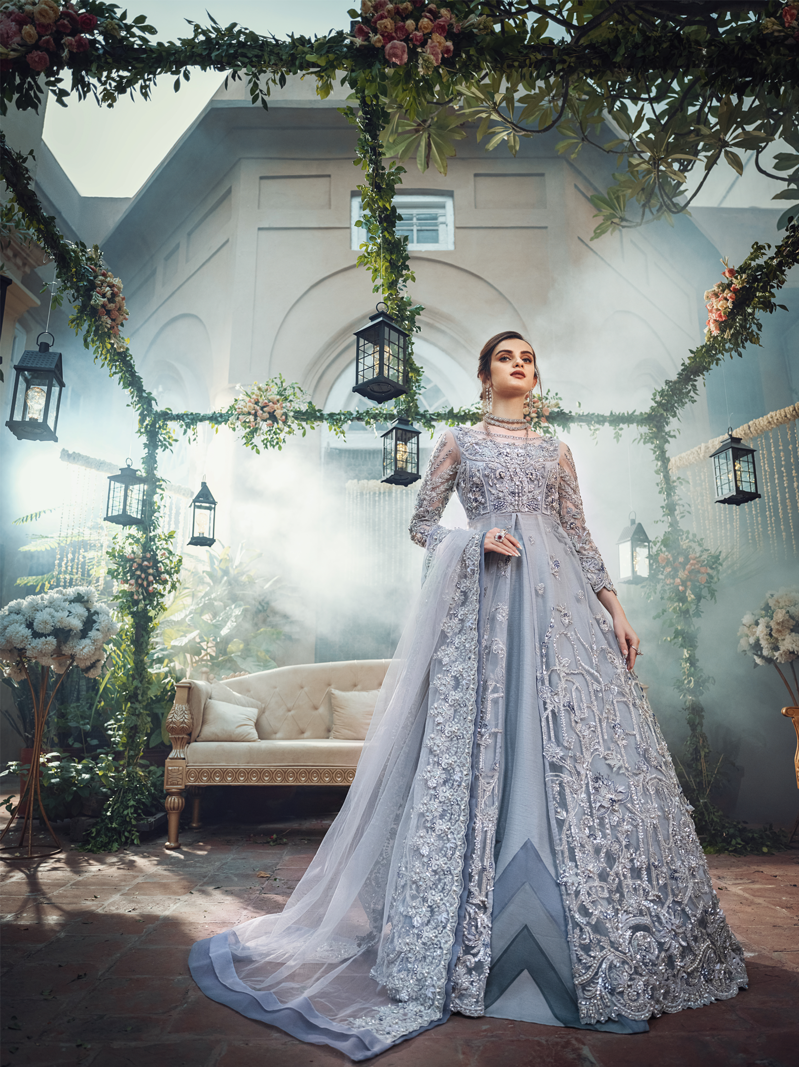 Pakistani Grey-Blue Embellished Net Open Gown with Lehenga (3-Piece) - Image 2