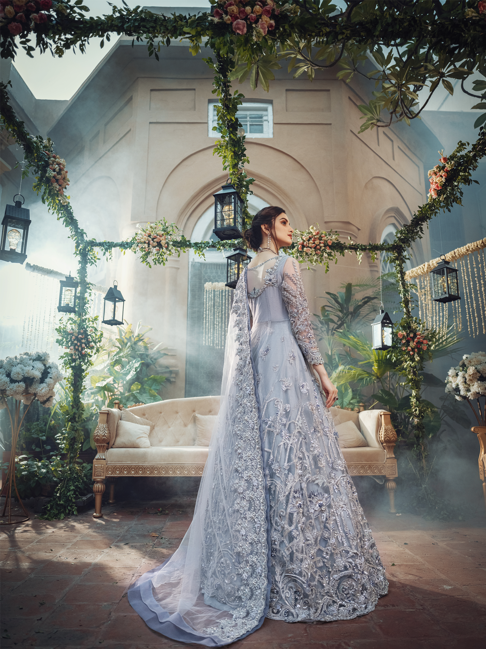 Pakistani Grey-Blue Embellished Net Open Gown with Lehenga (3-Piece) - Image 3