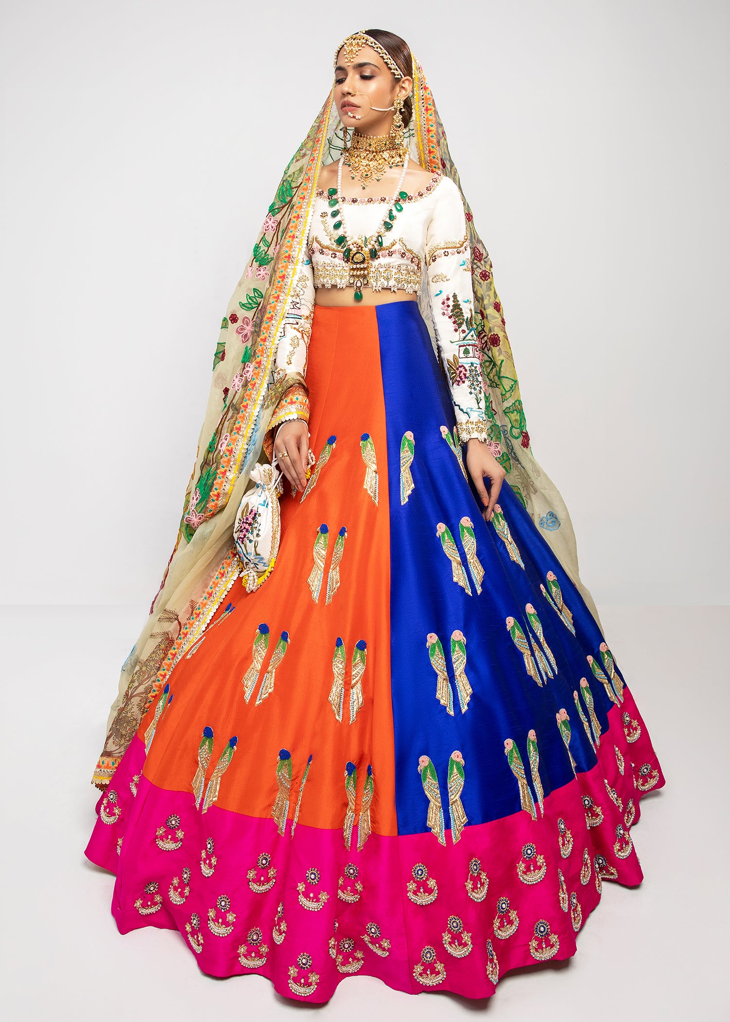 Pakistani Cobalt Blue & Tangerine Embroidered Raw Silk Lehenga (3-Piece) - Image 1