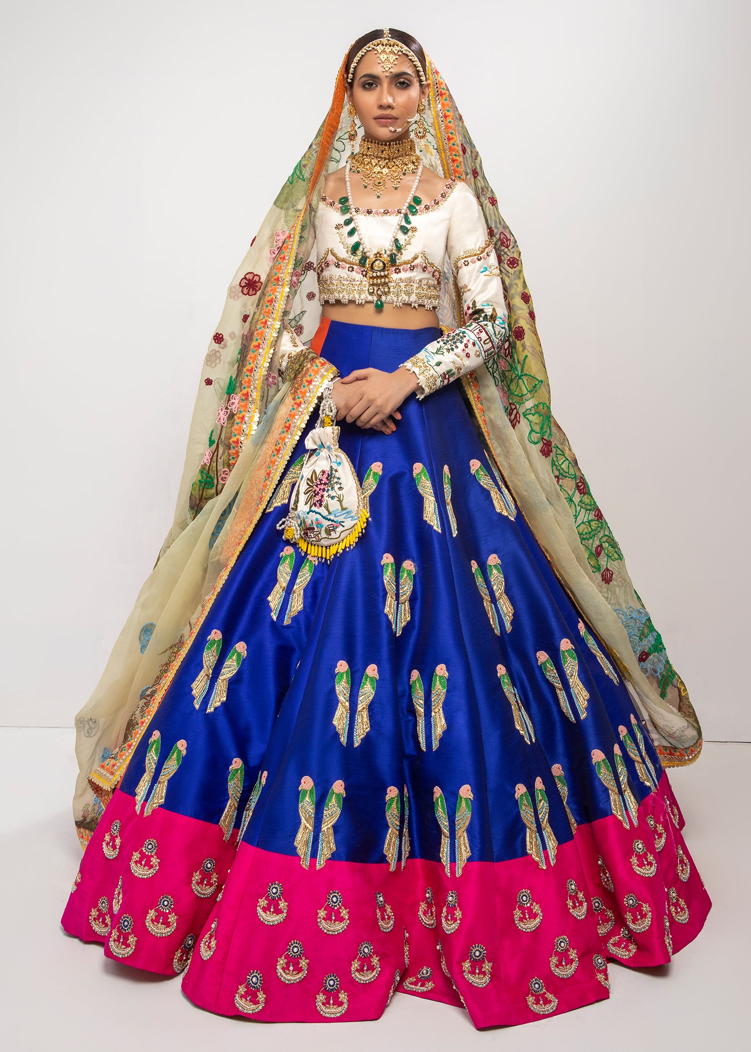Pakistani Cobalt Blue & Tangerine Embroidered Raw Silk Lehenga (3-Piece) - Image 3