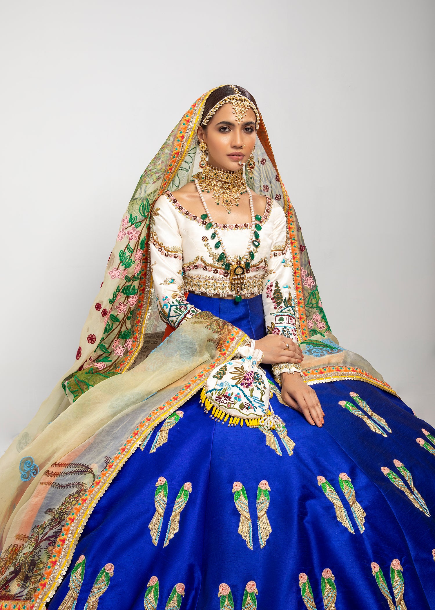 Pakistani Cobalt Blue & Tangerine Embroidered Raw Silk Lehenga (3-Piece) - Image 4