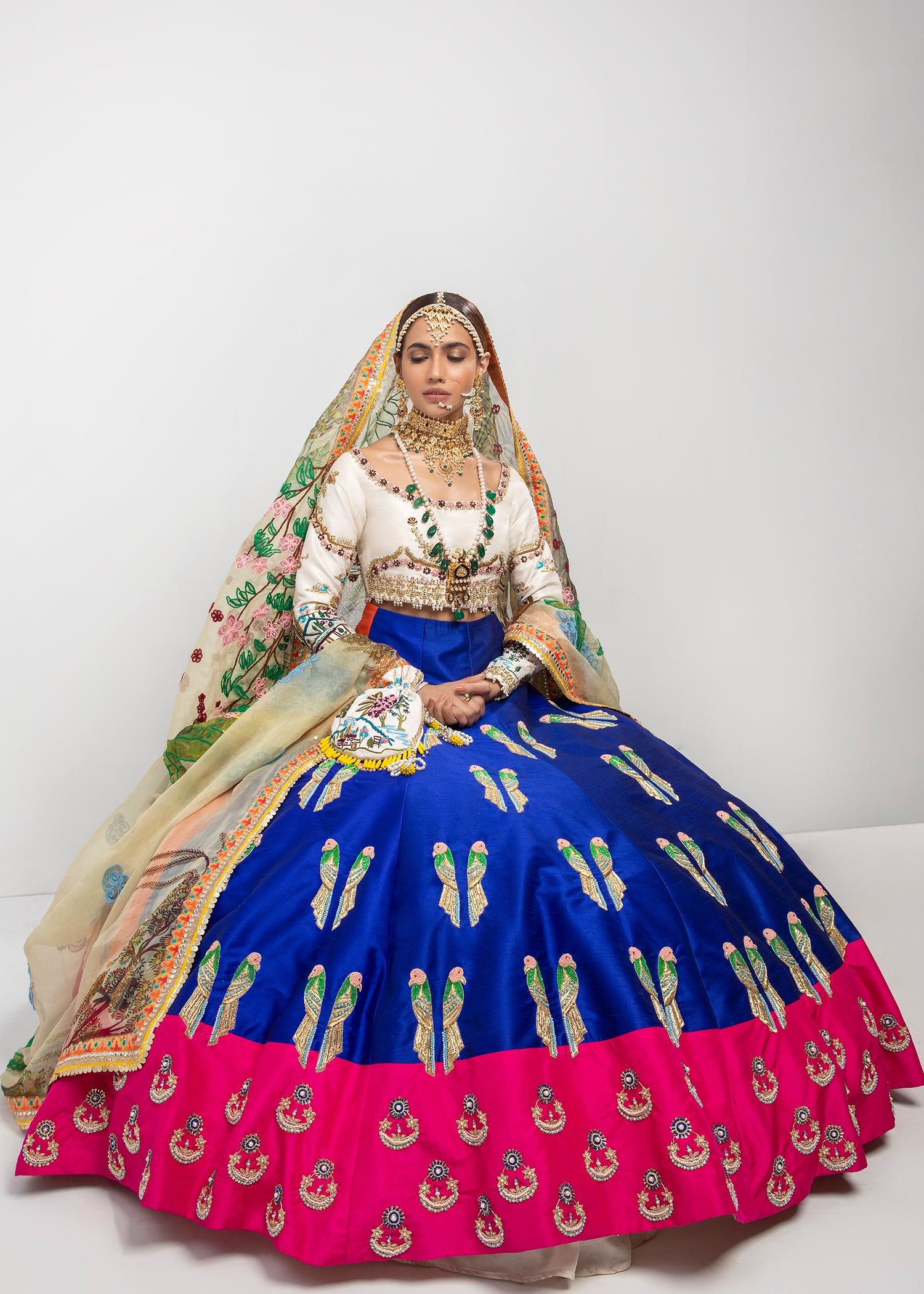 Pakistani Cobalt Blue & Tangerine Embroidered Raw Silk Lehenga (3-Piece) - Image 5