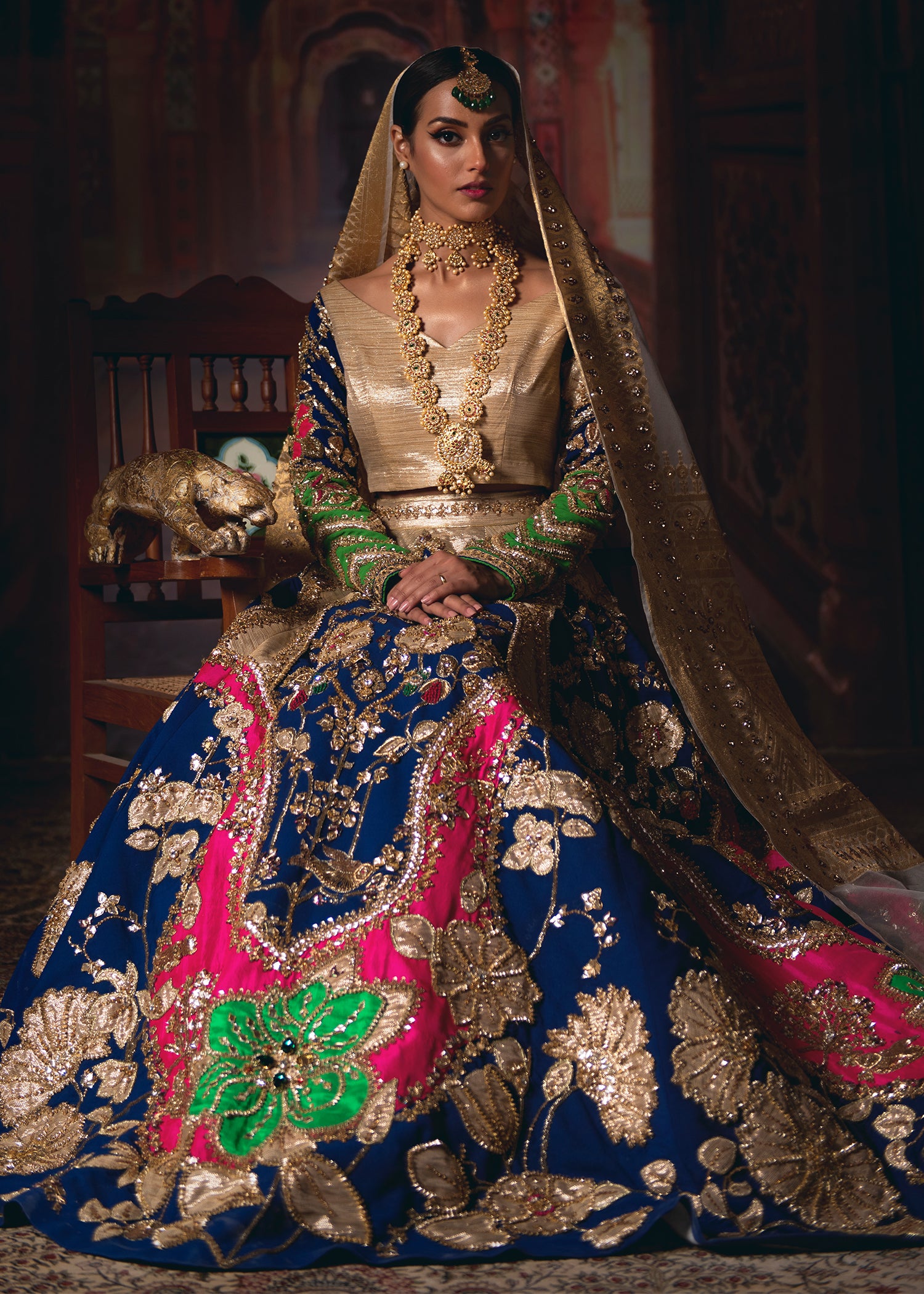 Royal Blue Embroidered Raw Silk Lehenga Choli (3-Piece) - Image 1