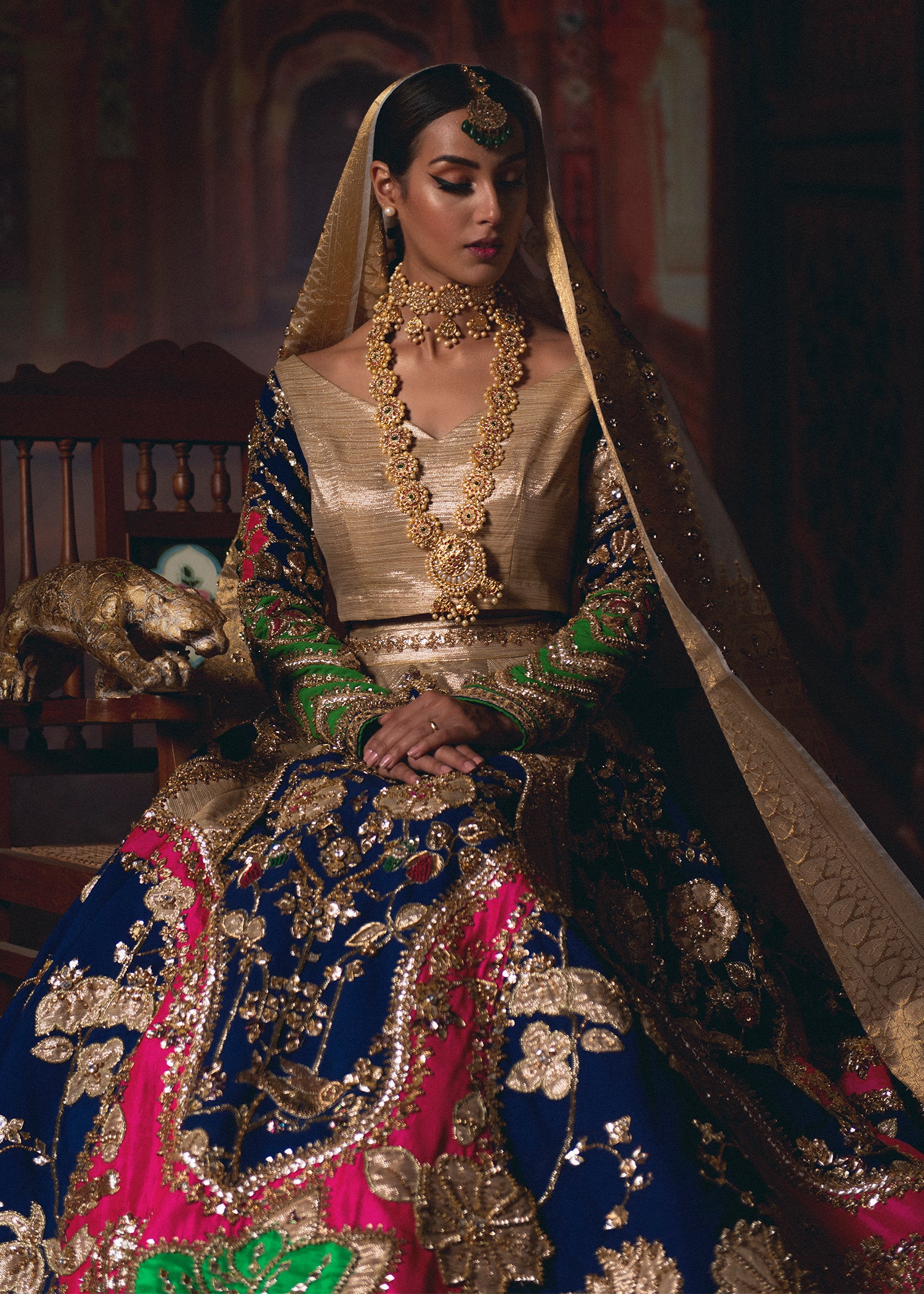 Royal Blue Embroidered Raw Silk Lehenga Choli (3-Piece) - Image 2